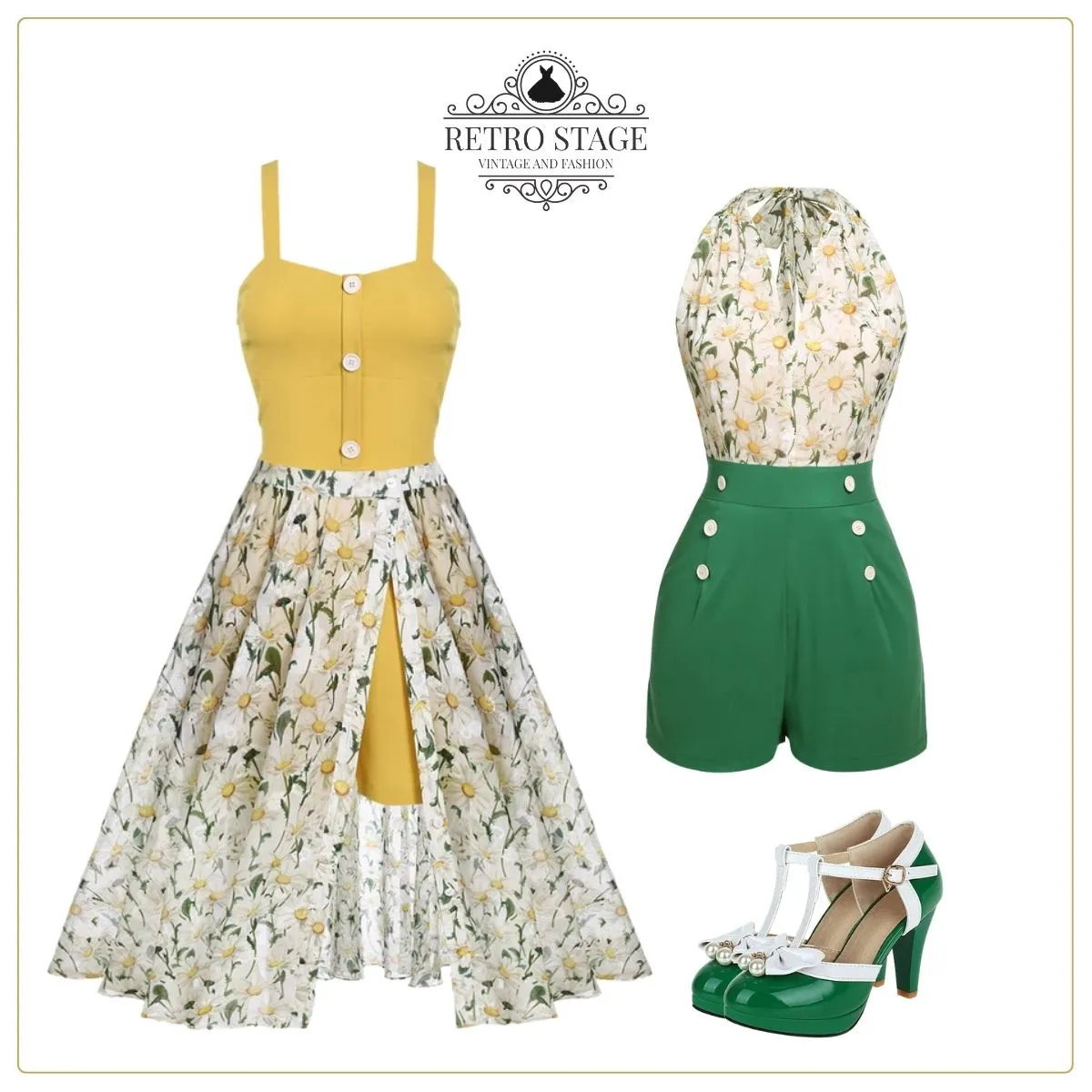 2PCS 1950s Yellow Romper & White Floral Skirt