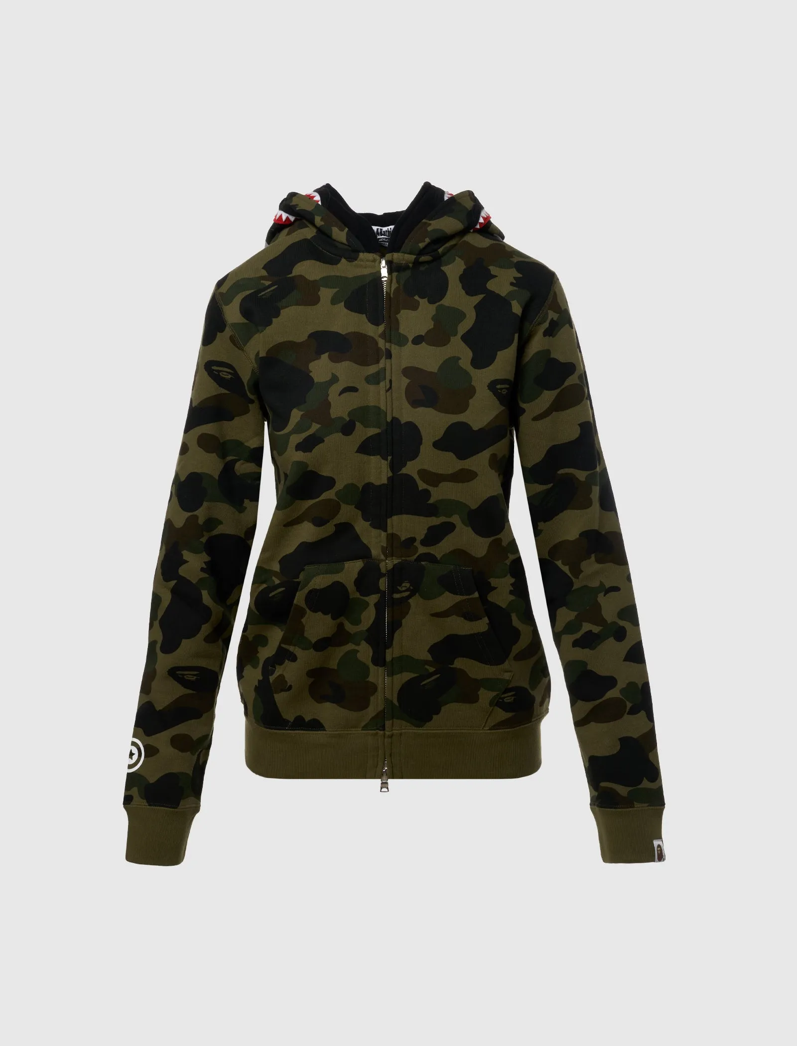 A BATHING APE WOMEN'S 1ST CAMO DOUBLE SHARK FULL ZIP HOODIE   GREEN