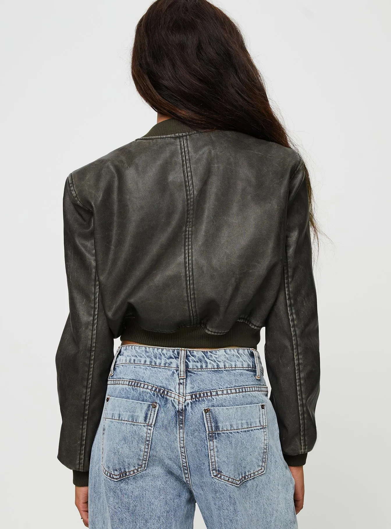 Allure Faux Leather Bomber Jacket Charcoal