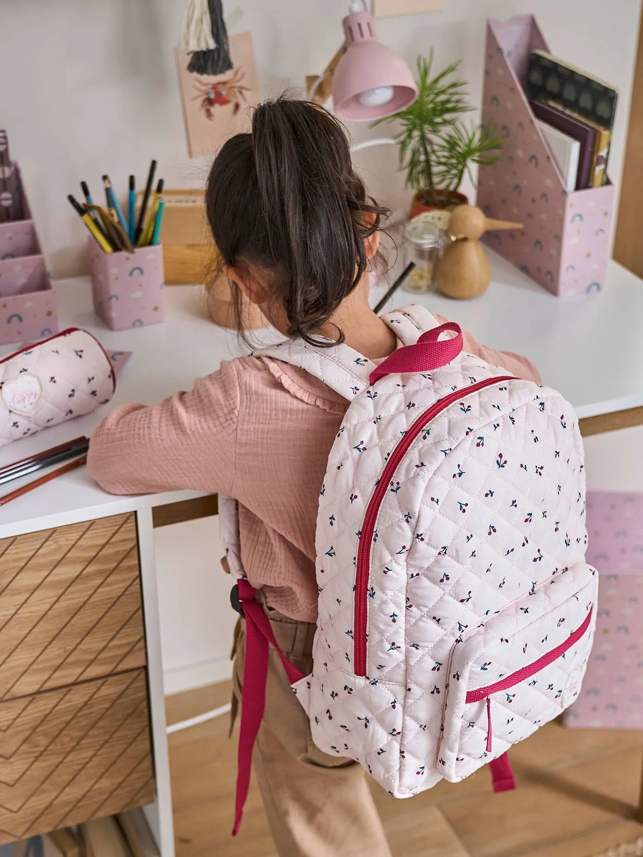 Backpack with Cherry Motifs for Girls - pink light all over printed