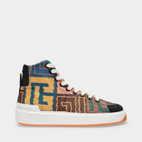 Balmain  B Court High Top-Canvas Printed Tapestry Multicolore Sneakers