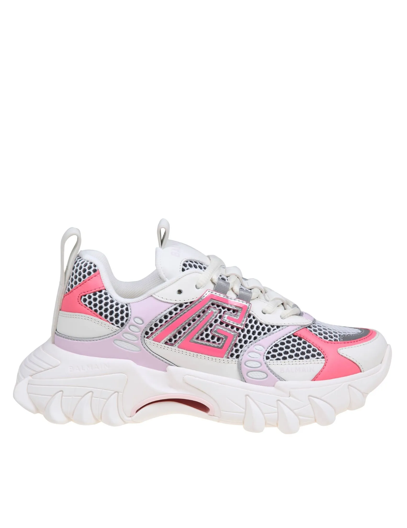 BALMAIN B-EAST SNEAKERS IN MIX OF WHITE AND PINK MATERIALS