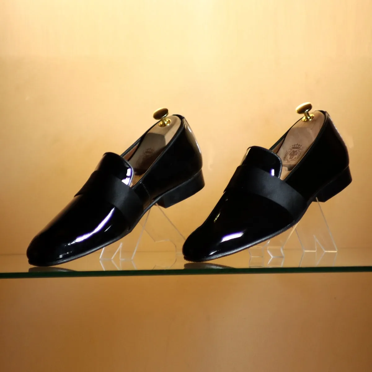 Black Patent Leather Slip-On Shoes with Mid-Strap Loafer Design