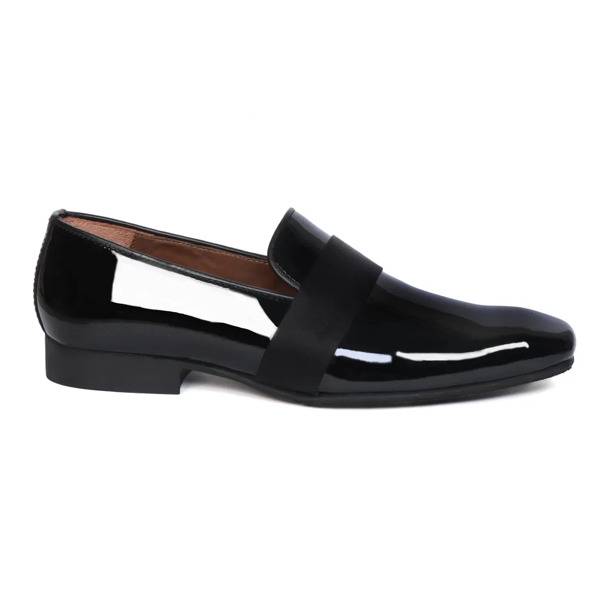 Black Patent Leather Slip-On Shoes with Mid-Strap Loafer Design