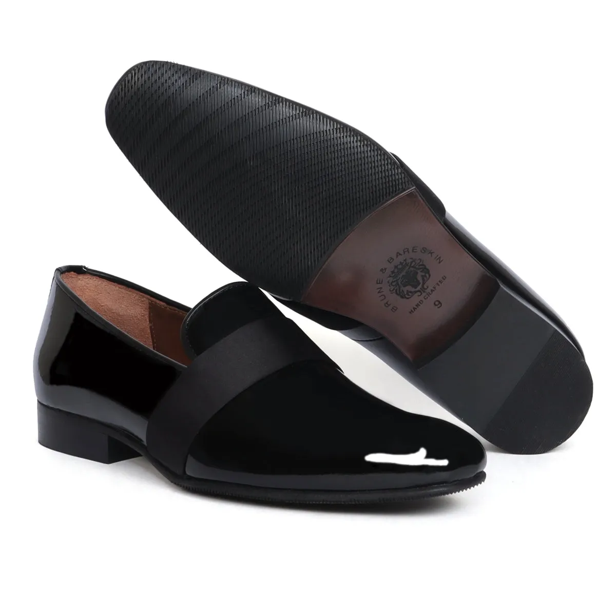 Black Patent Leather Slip-On Shoes with Mid-Strap Loafer Design