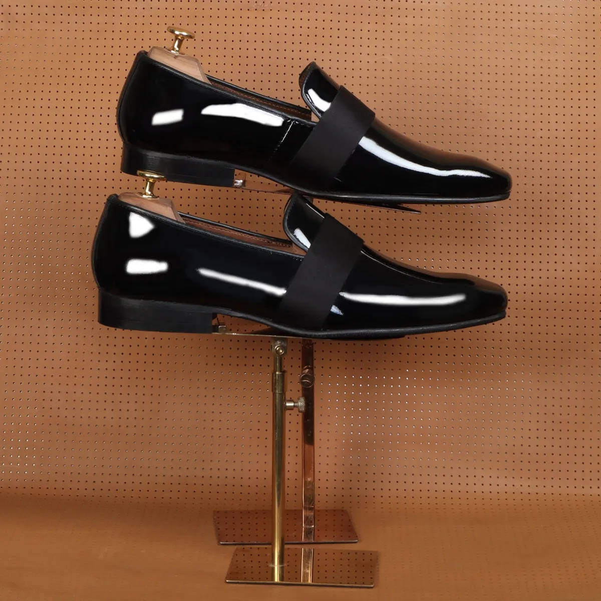 Black Patent Leather Slip-On Shoes with Mid-Strap Loafer Design