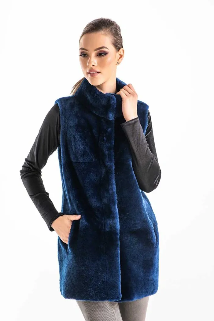 Blue Reversible Geniune Nappa Lamb Leather Mouton Fur Vest