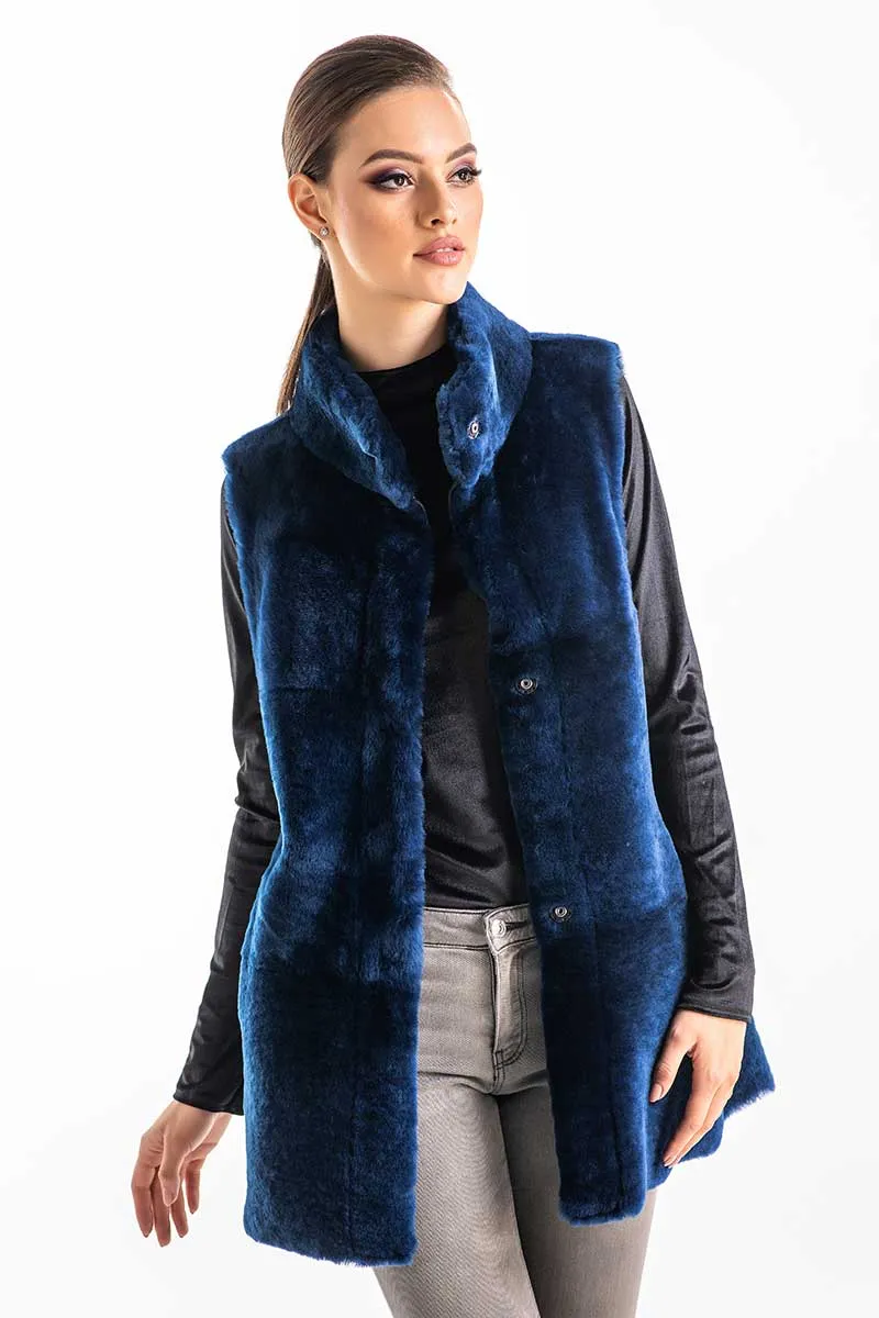 Blue Reversible Geniune Nappa Lamb Leather Mouton Fur Vest