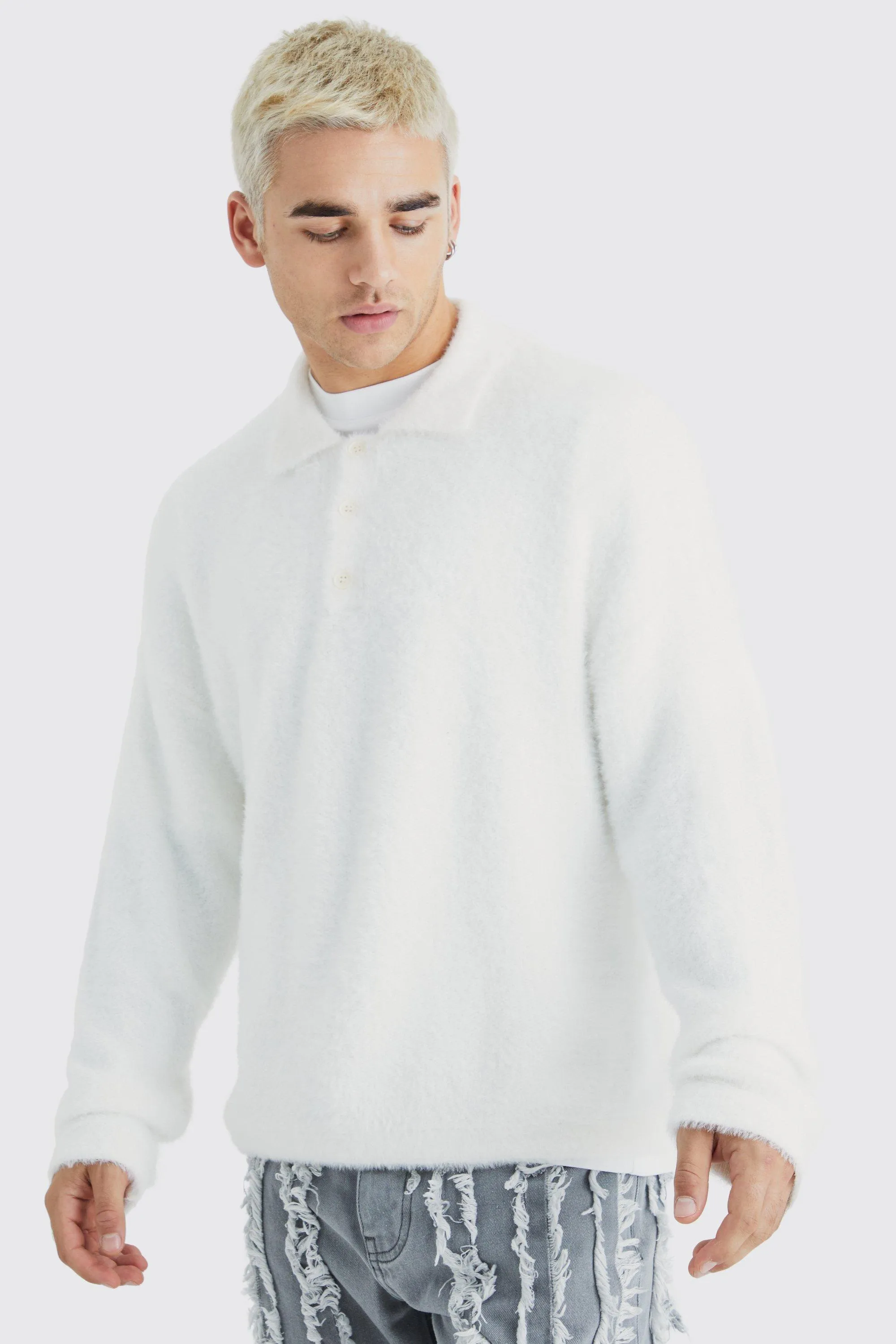 Boxy Fluffy Knitted Polo | boohooMAN UK