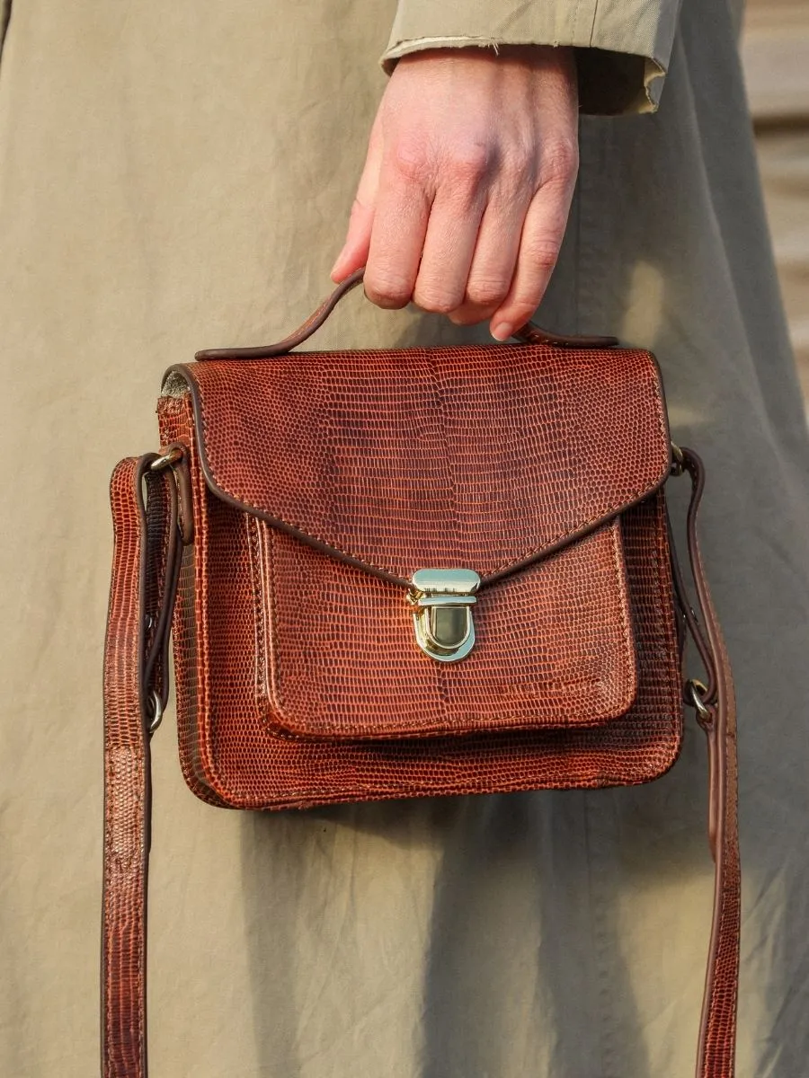 Brown Leather Handbag for Women - Mademoiselle George XS 1960 Amber | PAUL MARIUS