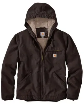 Carhartt Men's Dark Brown Washed Duck Sherpa Lined Hooded Work Jacket - Tall