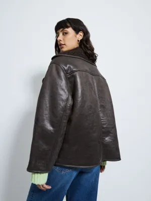 Chocolate Soft Touch Faux Leather Aviator Jacket | Women | George at ASDA