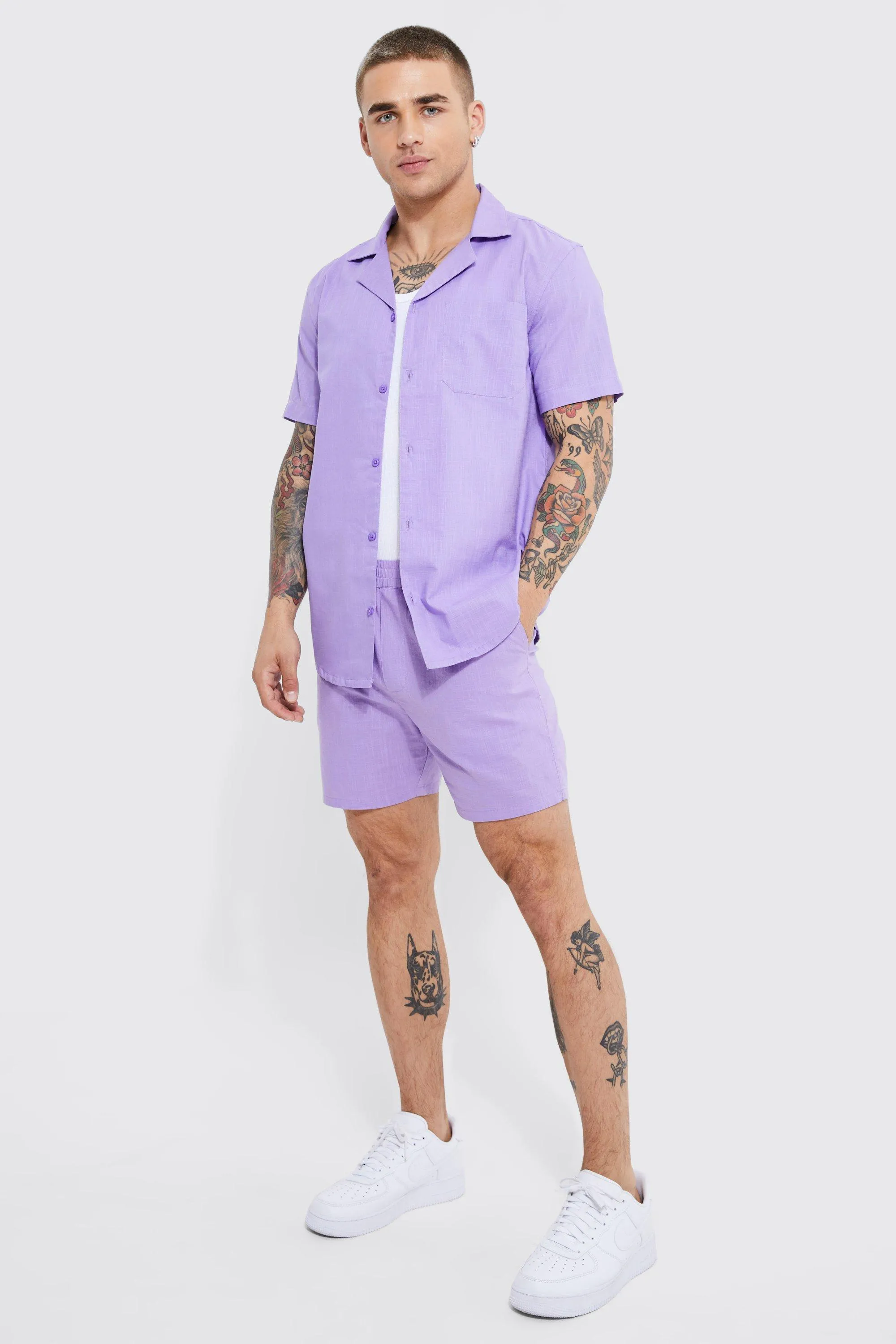 Cotton Slub Regular Short Sleeve Shirt And Short | boohooMAN UK