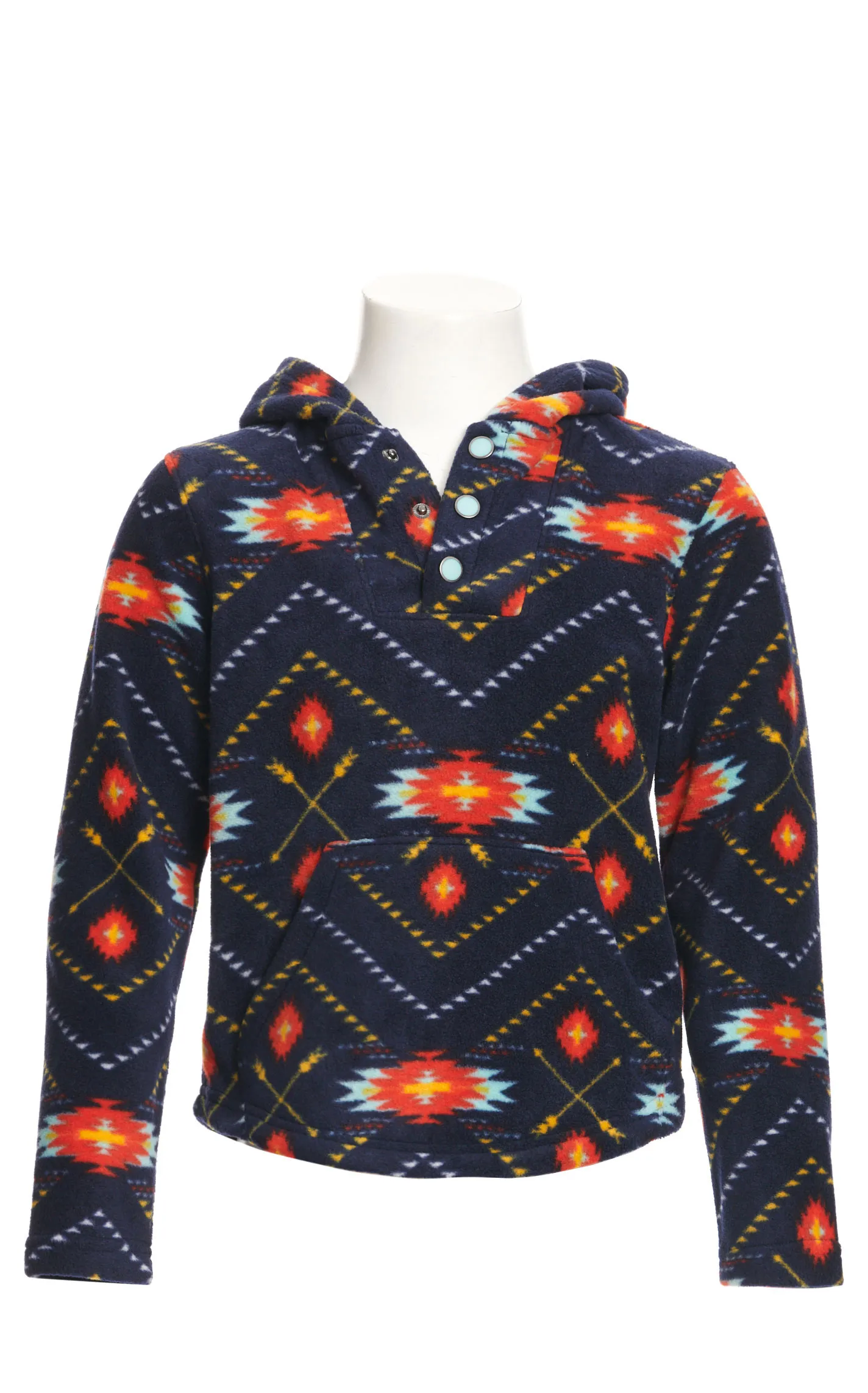 Cruel Girl Girl's Navy & Sunset Aztec Polar Fleece 1/4 Snap Long Sleeve Hoodie