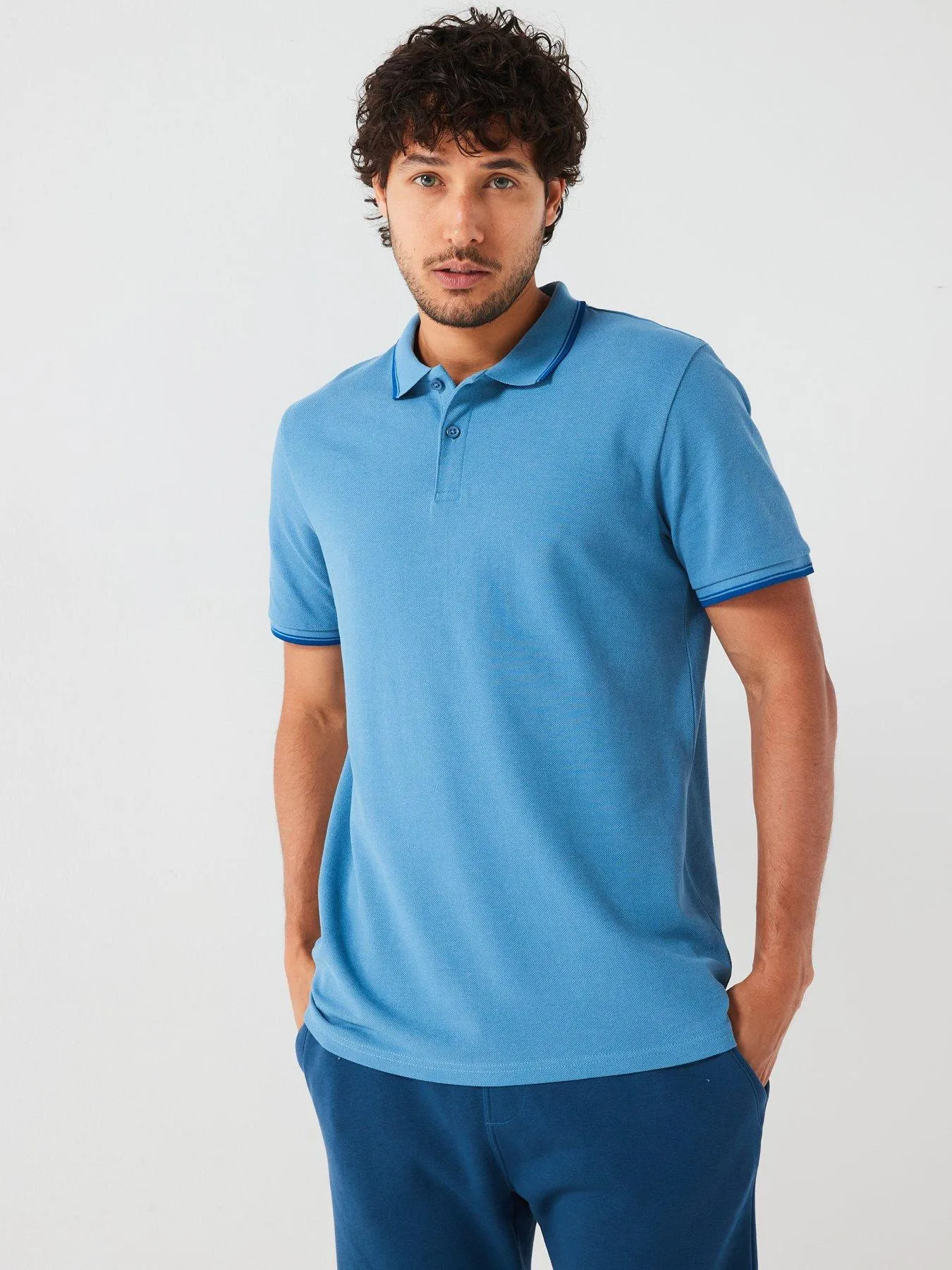 Everyday Tipped Pique Polo - - Mid Blue