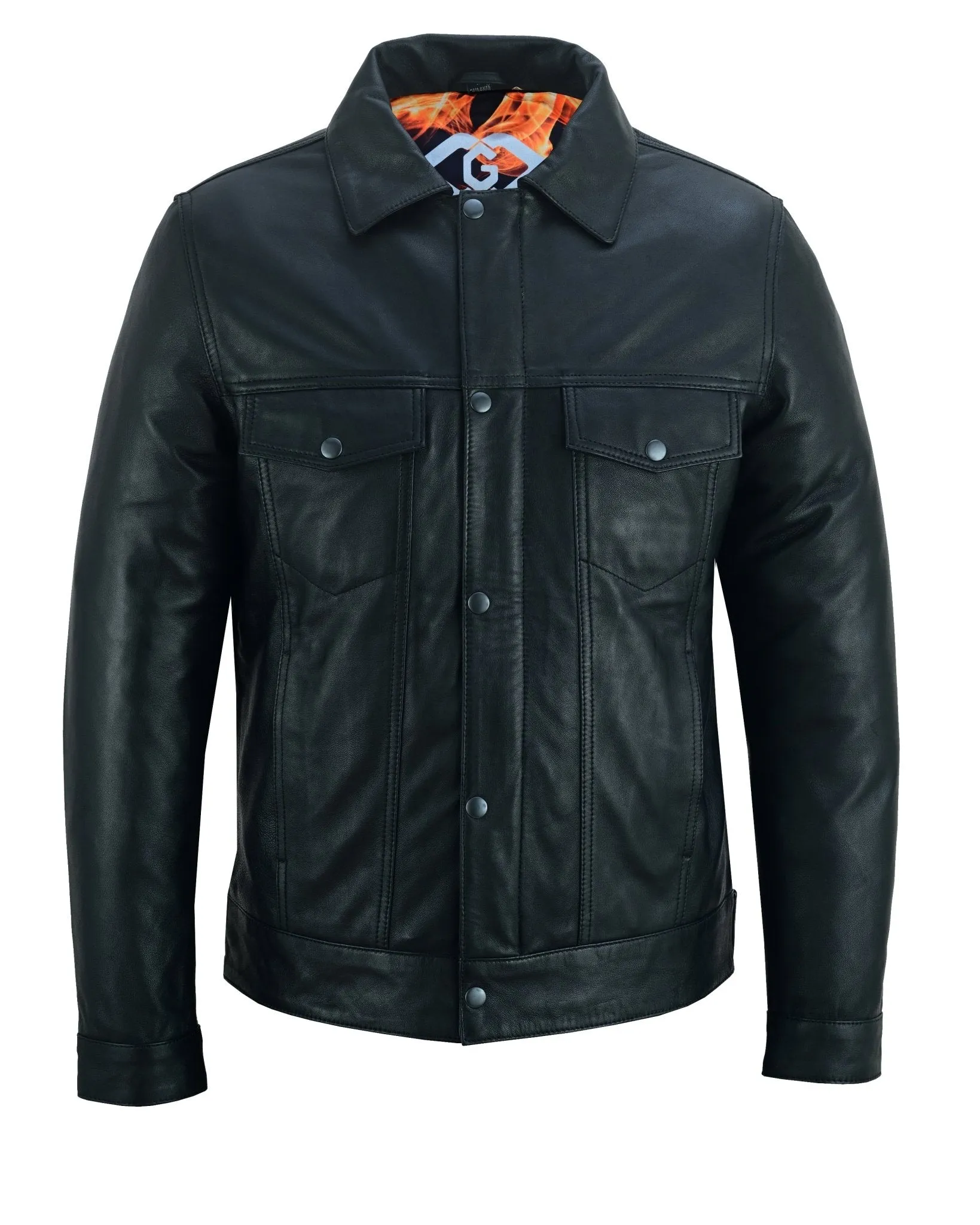 Fernando 's Classic Mens Black Leather Trucker Jacket with Zip and Snaps