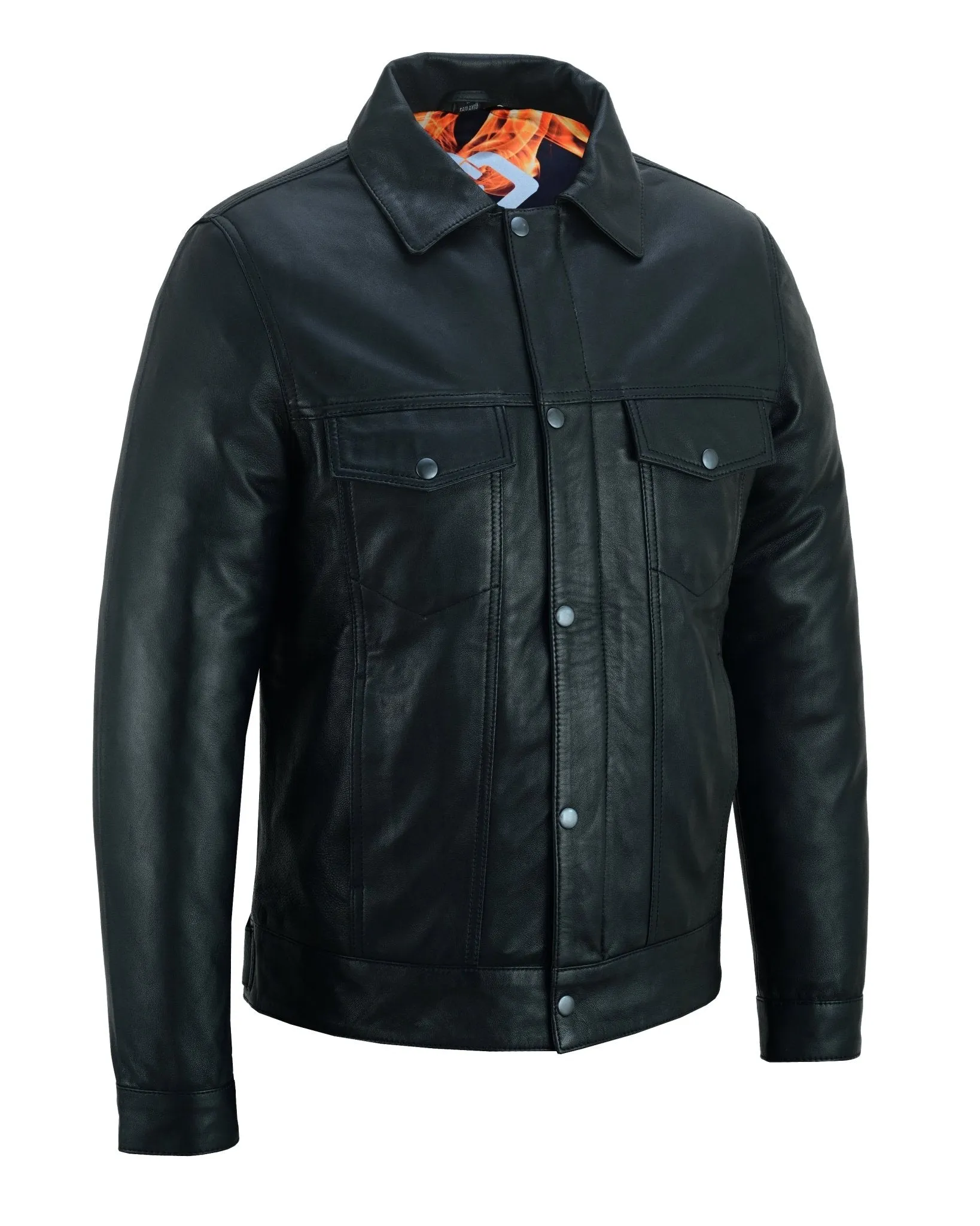 Fernando 's Classic Mens Black Leather Trucker Jacket with Zip and Snaps