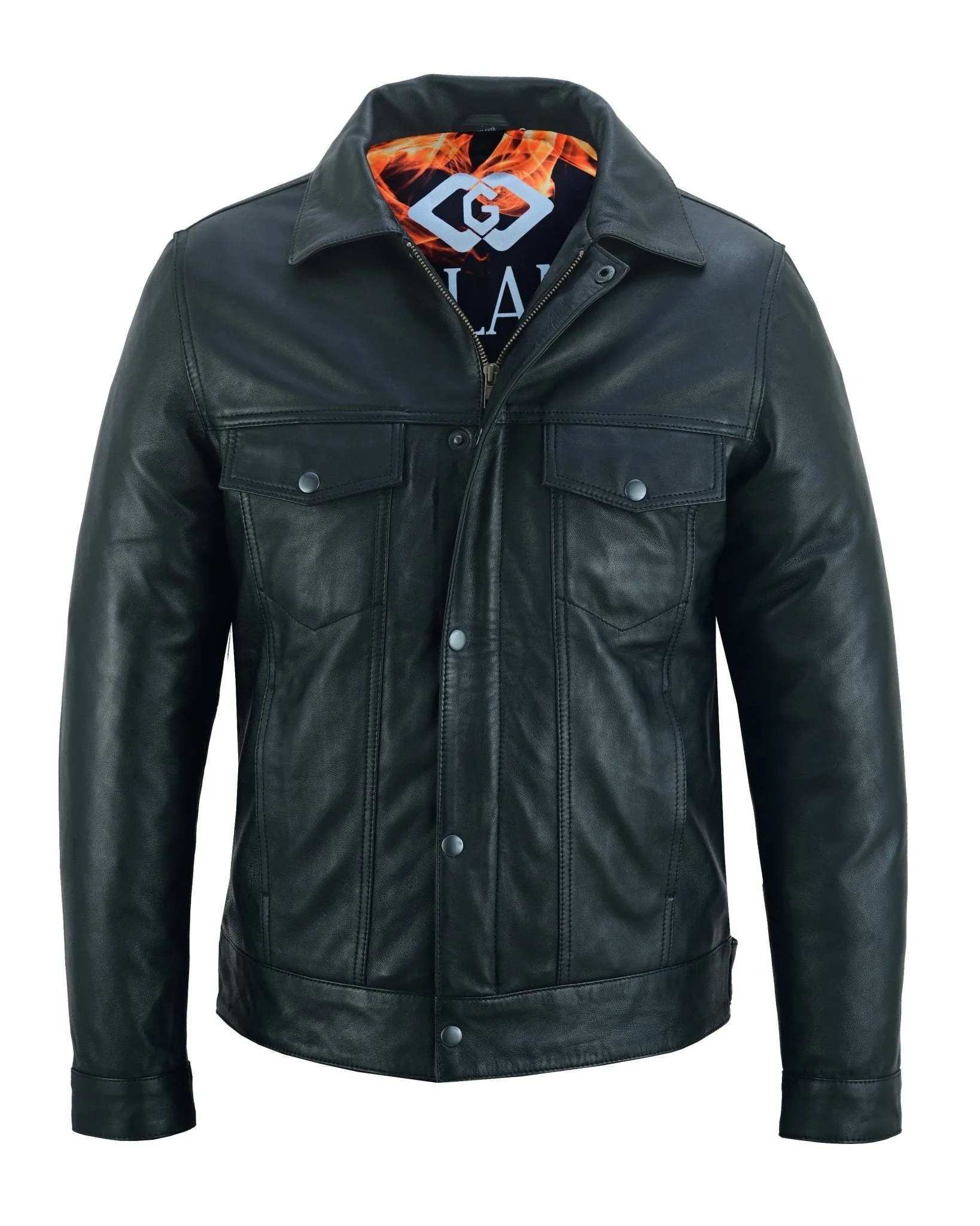 Fernando 's Classic Mens Black Leather Trucker Jacket with Zip and Snaps