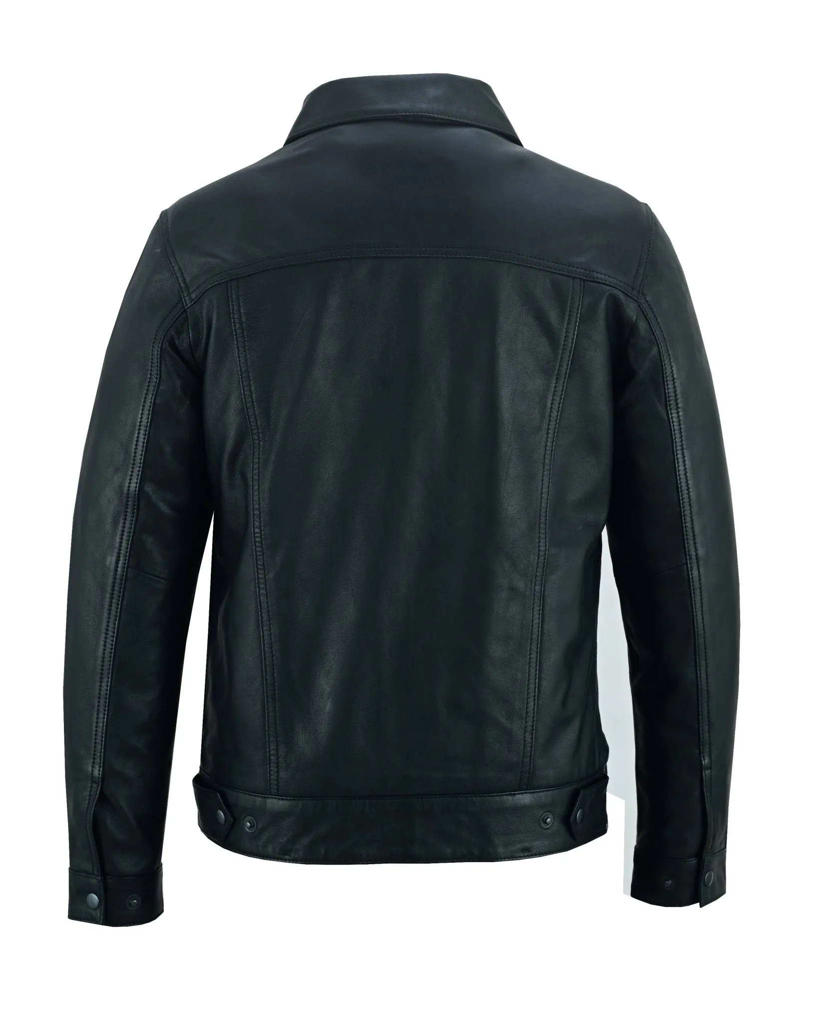 Fernando 's Classic Mens Black Leather Trucker Jacket with Zip and Snaps