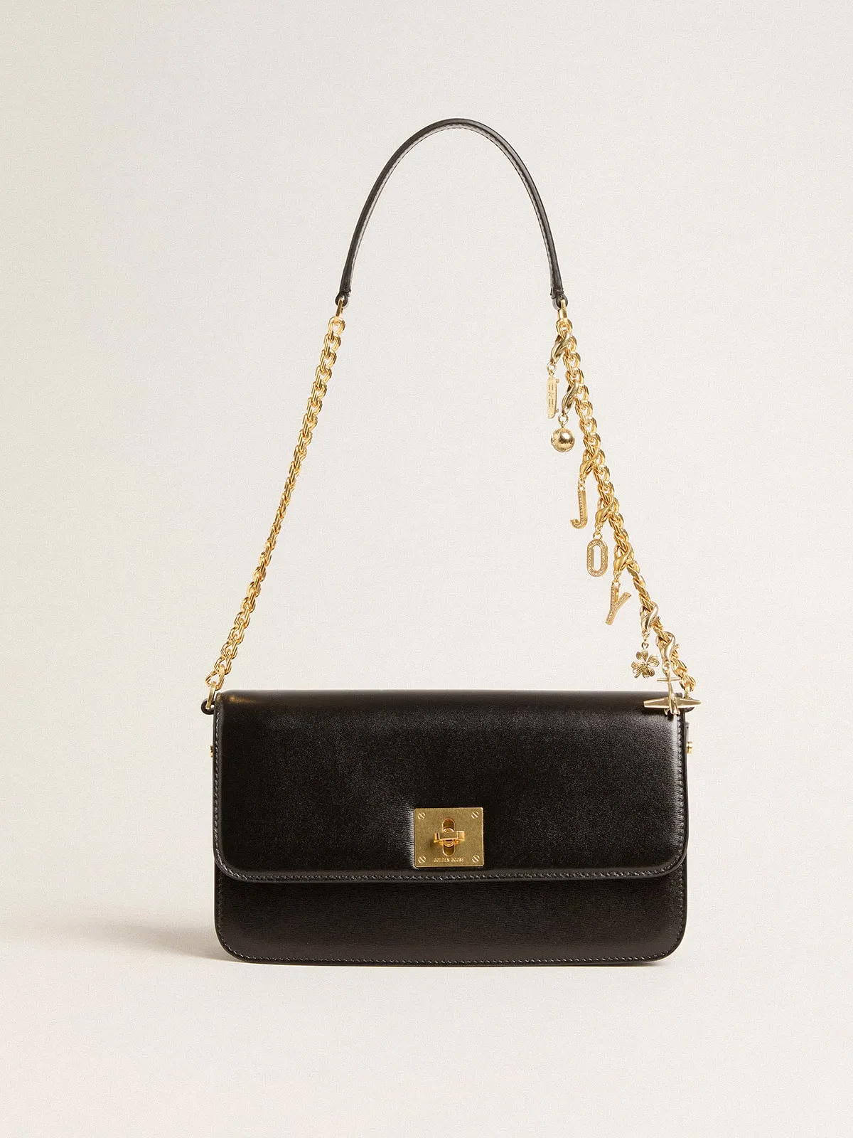 Gioia Bag in black boarded leather with gold details