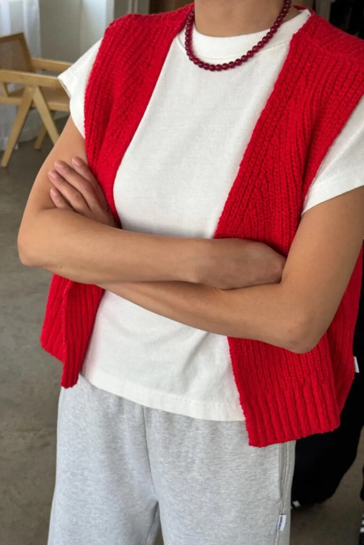 Granny Cotton Knit Vest - Chili Pepper Red