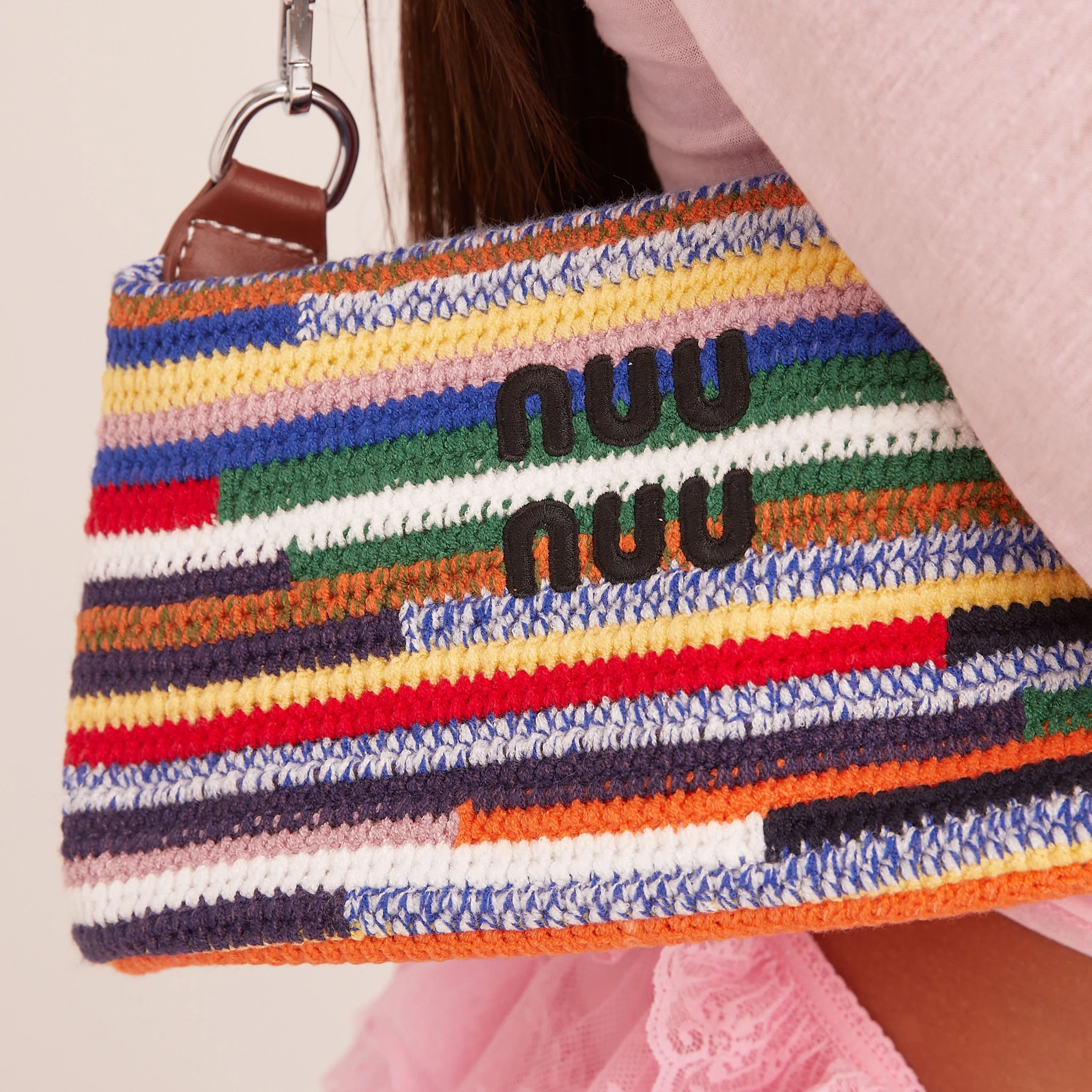 Hazie Logo Detail Shaped Shoulder Bag In Multi Crochet Knit