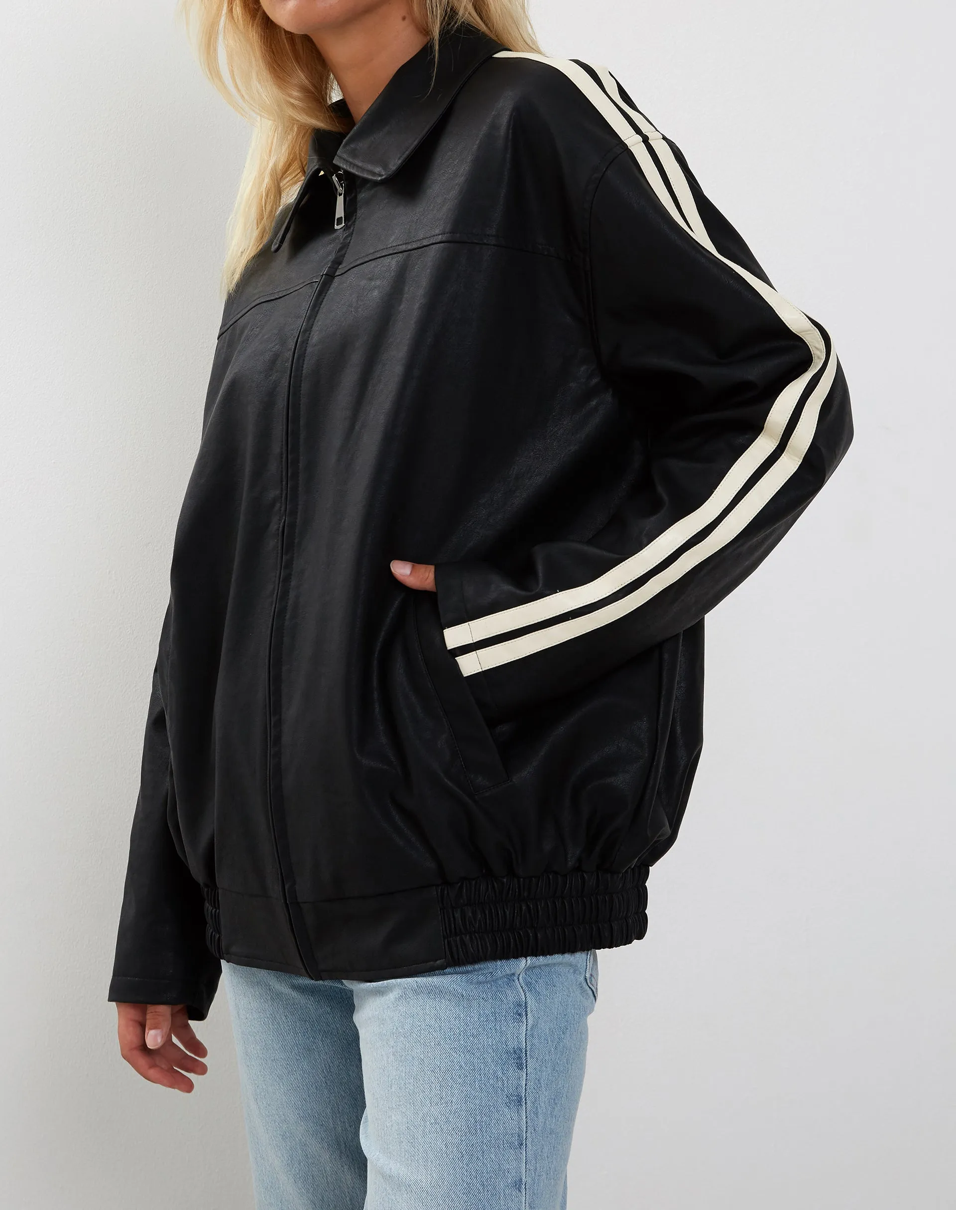 Javana Zip Up Jacket in PU Black with Beige Stripe