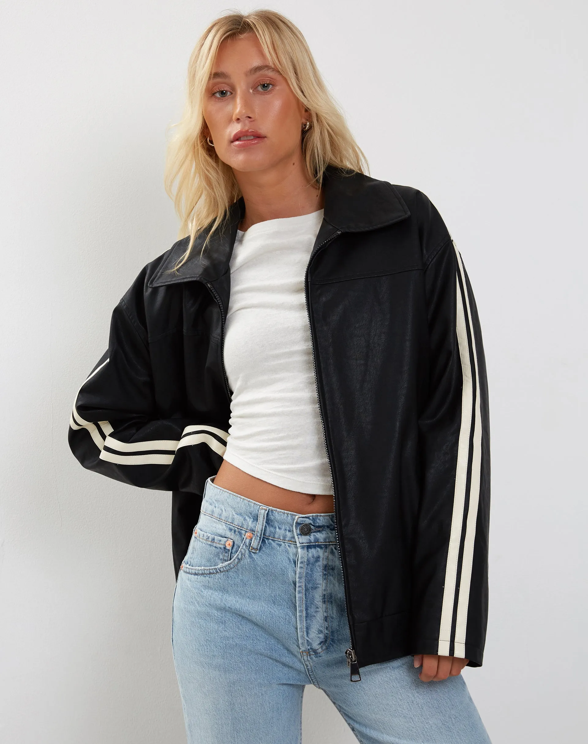 Javana Zip Up Jacket in PU Black with Beige Stripe