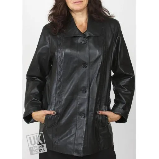 Ladies 3/4 Length Black Leather Jacket - Faith - Plus Size | Free UK Delivery