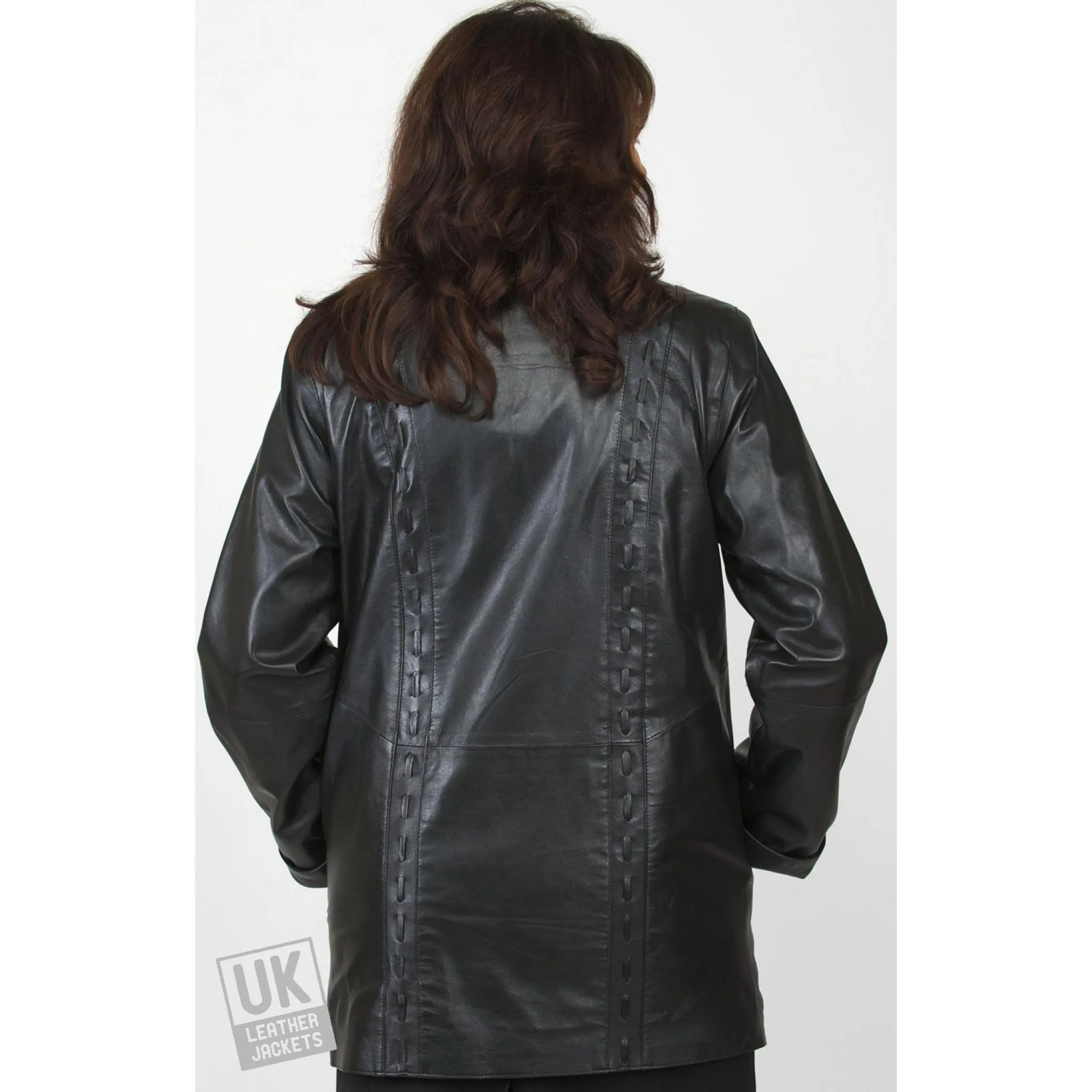 Ladies 3/4 Length Black Leather Jacket - Faith - Plus Size | Free UK Delivery