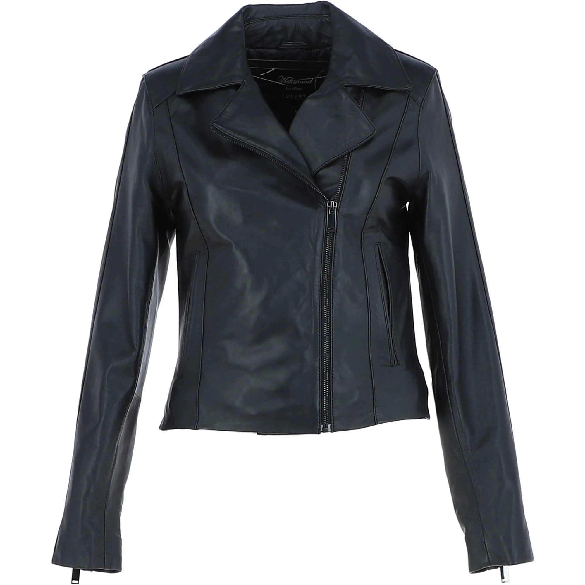 Ladies Veg Tanned Leather Plain Biker Jacket Black: AWL-79