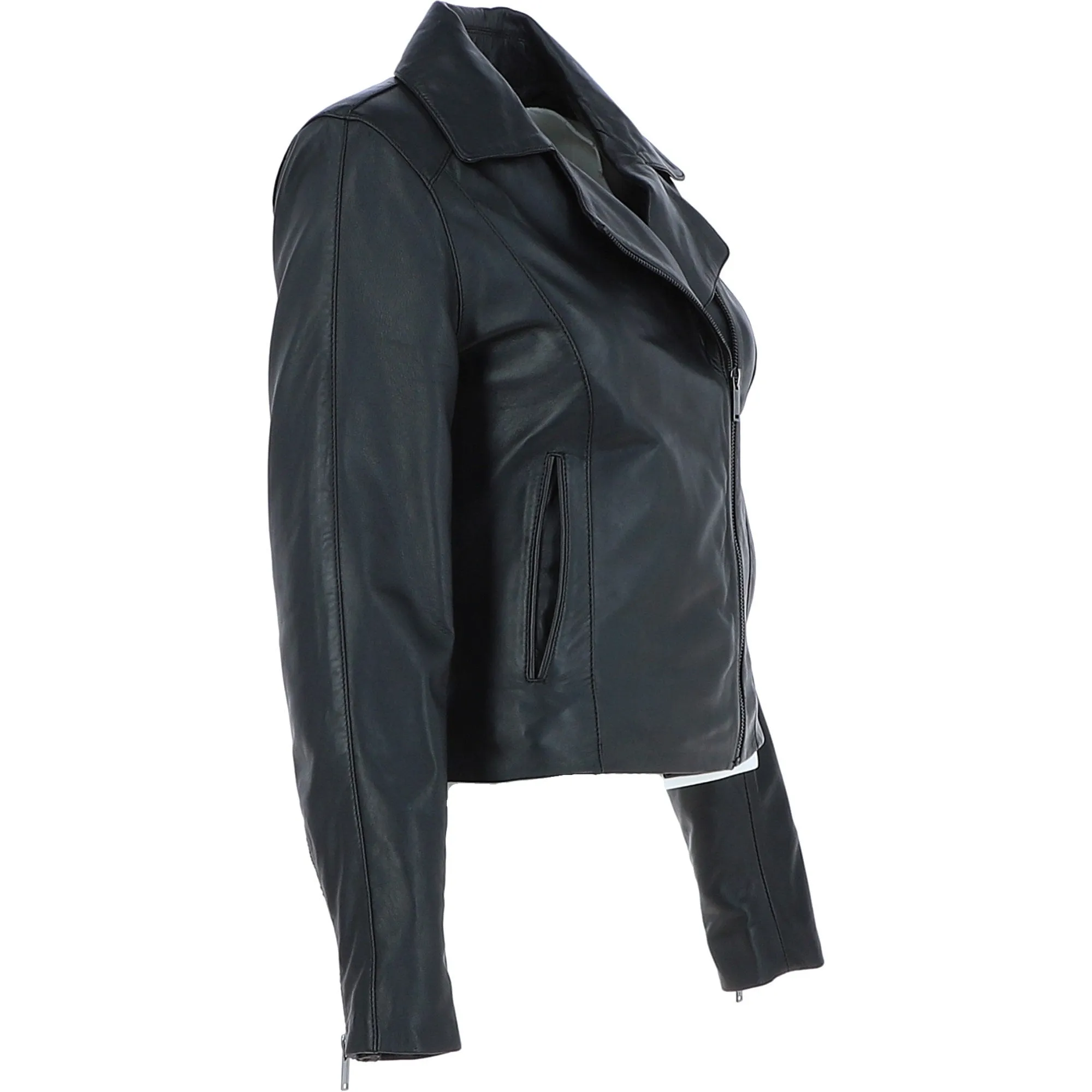 Ladies Veg Tanned Leather Plain Biker Jacket Black: AWL-79