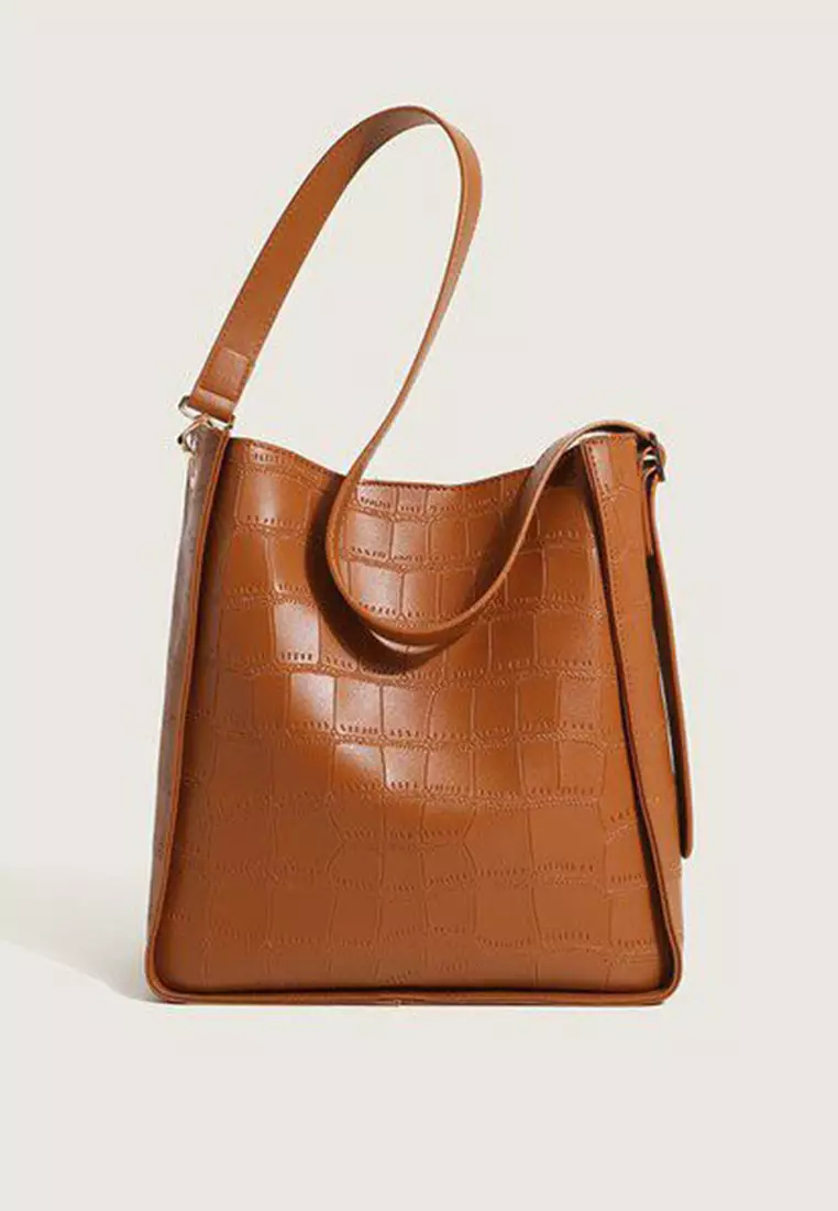 Lara Women's Plain Plaid Embossed Leather Shoulder Bag - Light Brown