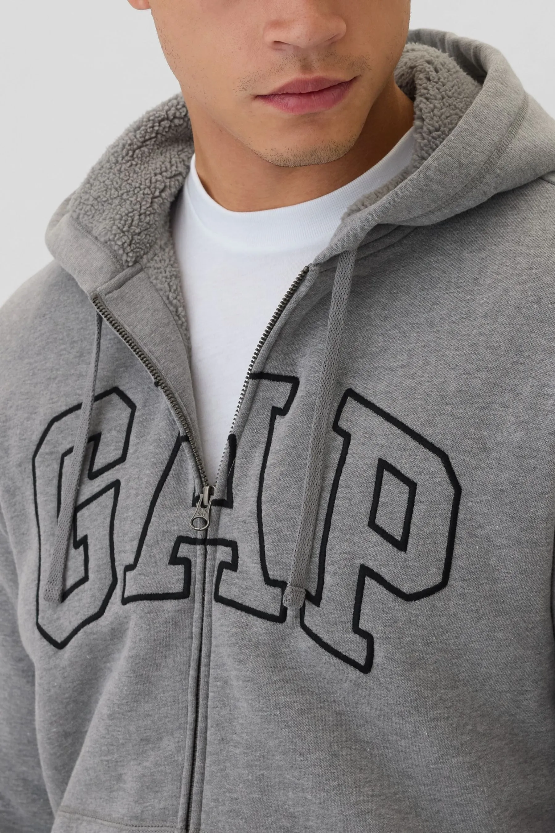 Light Grey Logo Sherpa-Lined Zip Up Hoodie