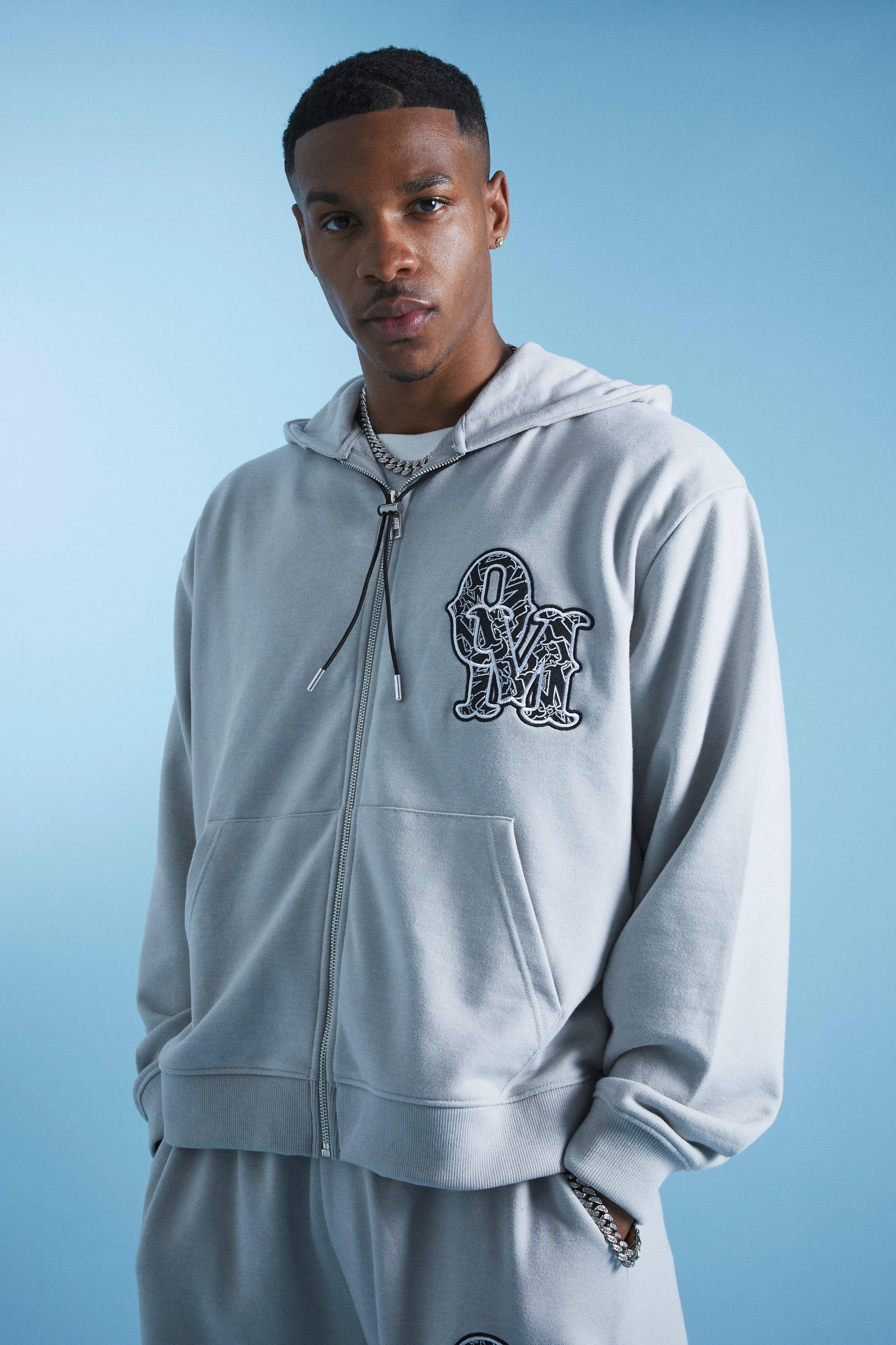 Lil Tjay Oversized Loopback Boxy Zip Applique Hoodie | boohooMAN UK