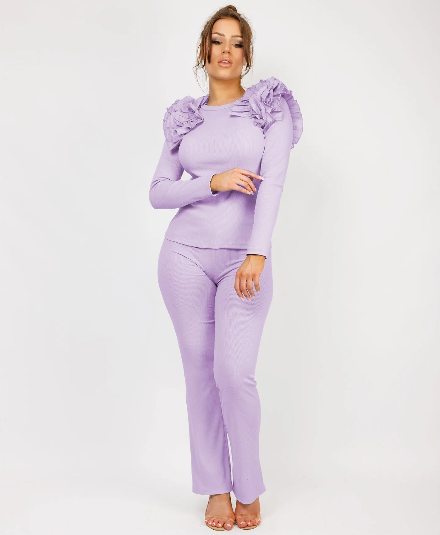 Lilac Ruffle Frill Shoulder Ribbed Top And Trousers Loungewear Set