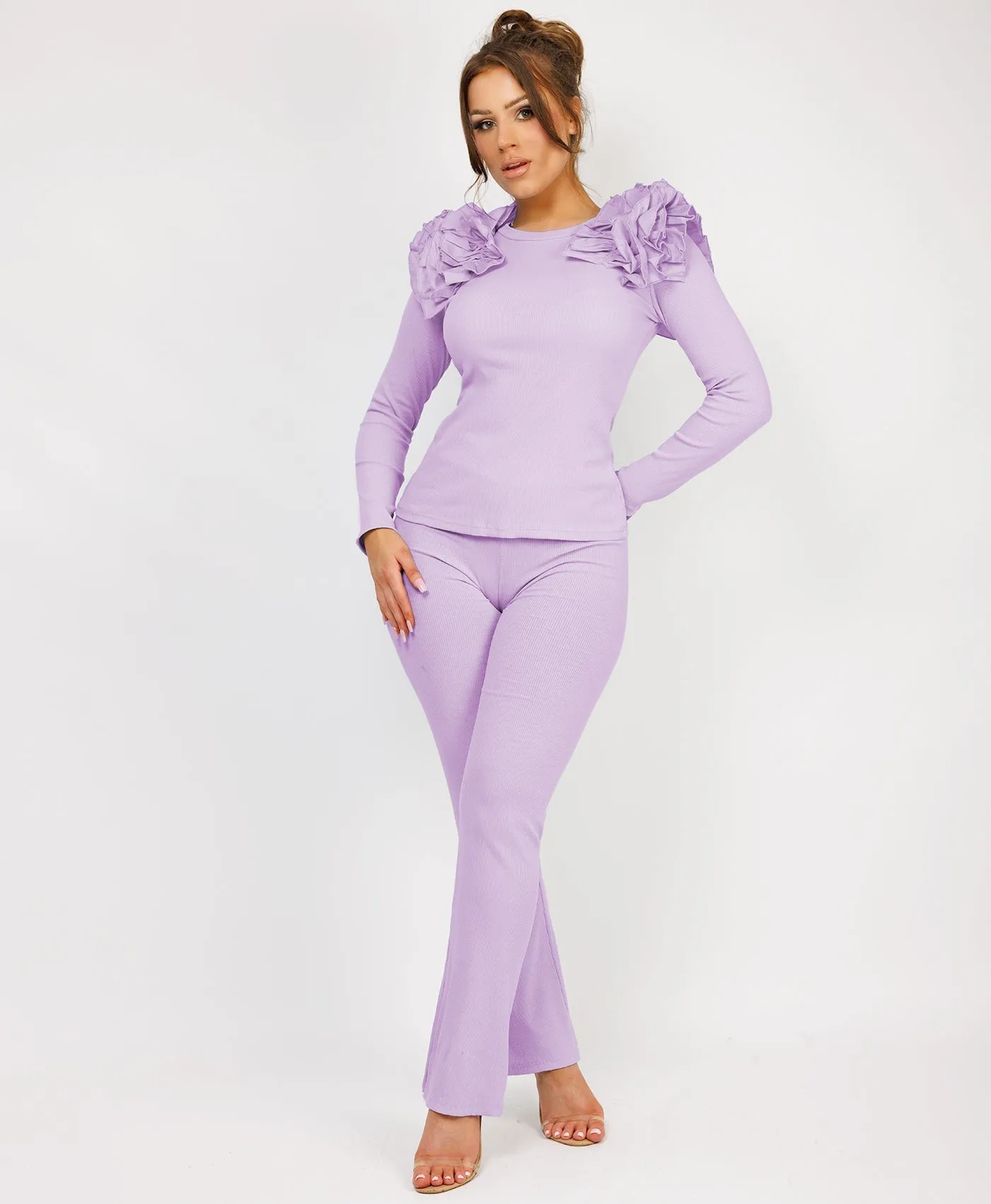 Lilac Ruffle Frill Shoulder Ribbed Top And Trousers Loungewear Set