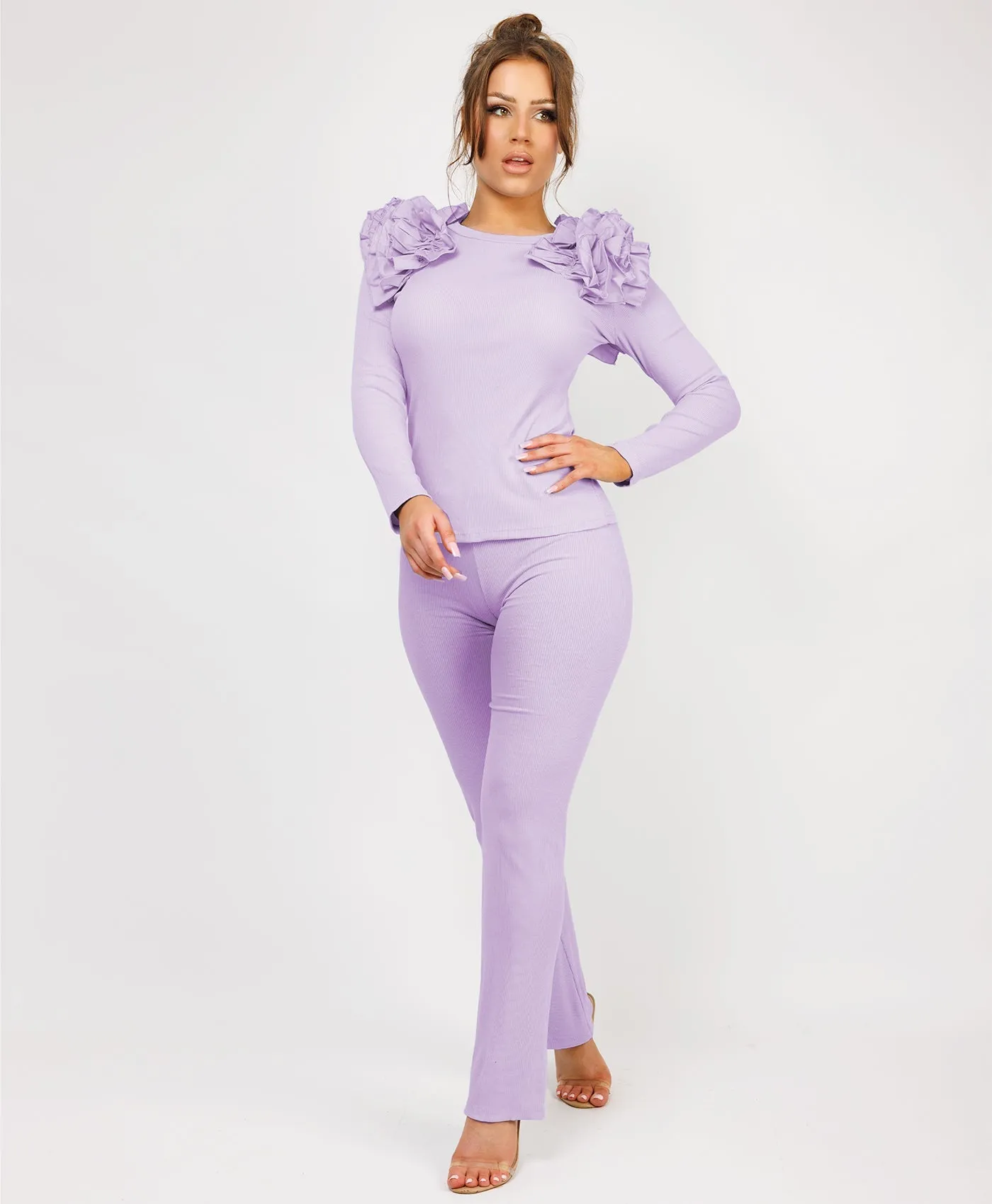 Lilac Ruffle Frill Shoulder Ribbed Top And Trousers Loungewear Set