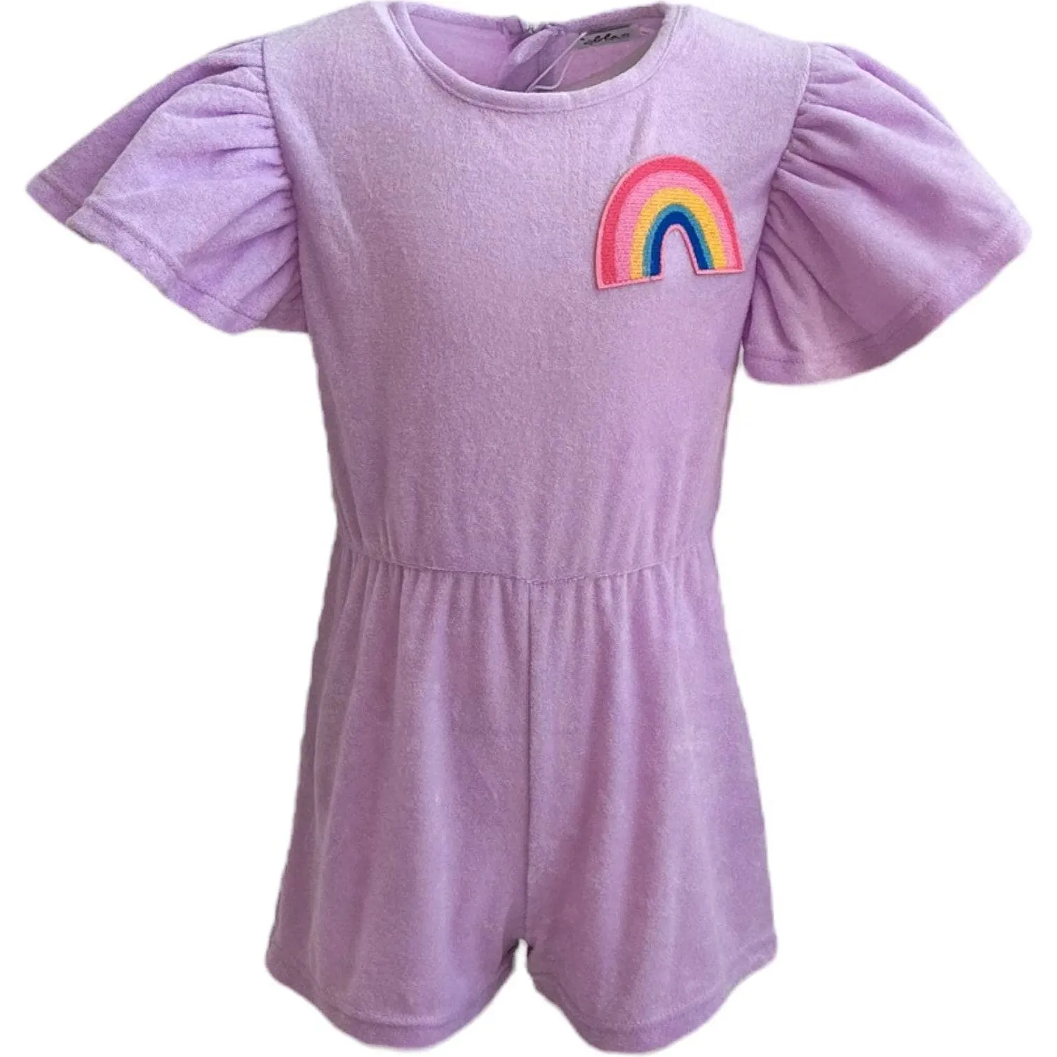 Lola + The Boys Terry Rainbow Patch Flutter Sleeve Romper, Lavender