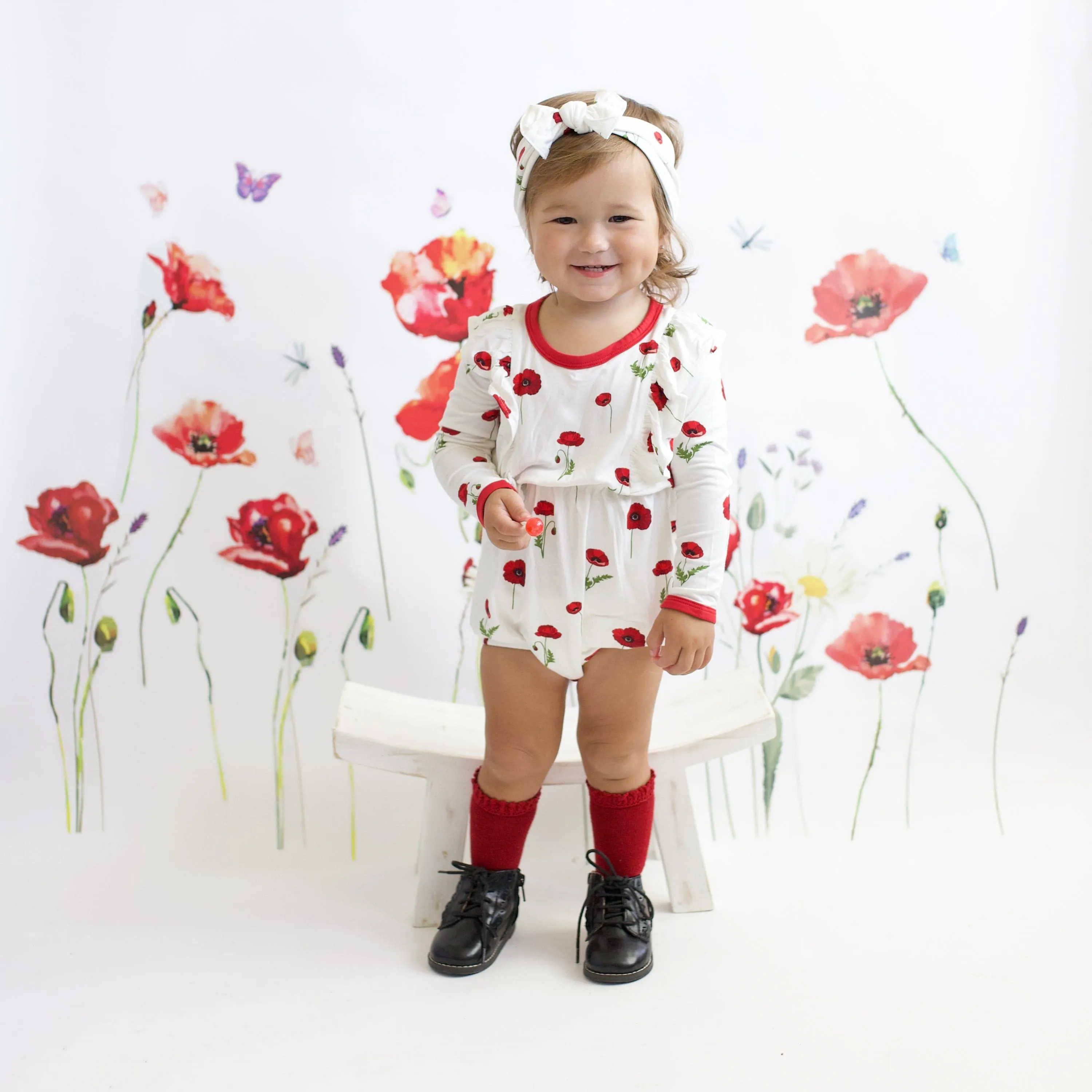 Long Sleeve Bubble Romper in Cloud Poppies