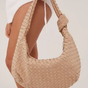 Loreen Woven Knotted Strap Detail Oversized Shoulder Bag In Nude Faux Suede