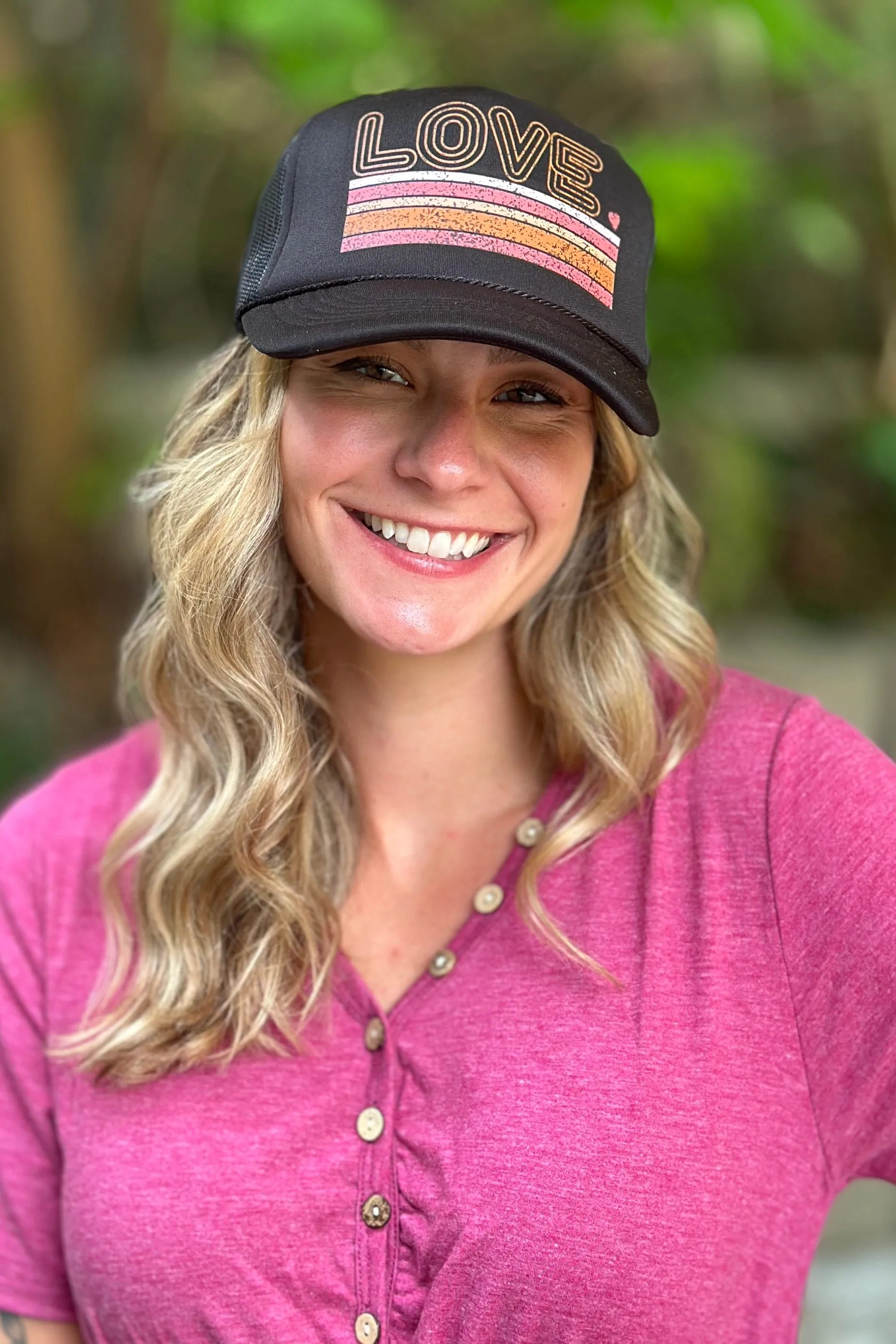 Love Striped Foam Trucker Hat Black