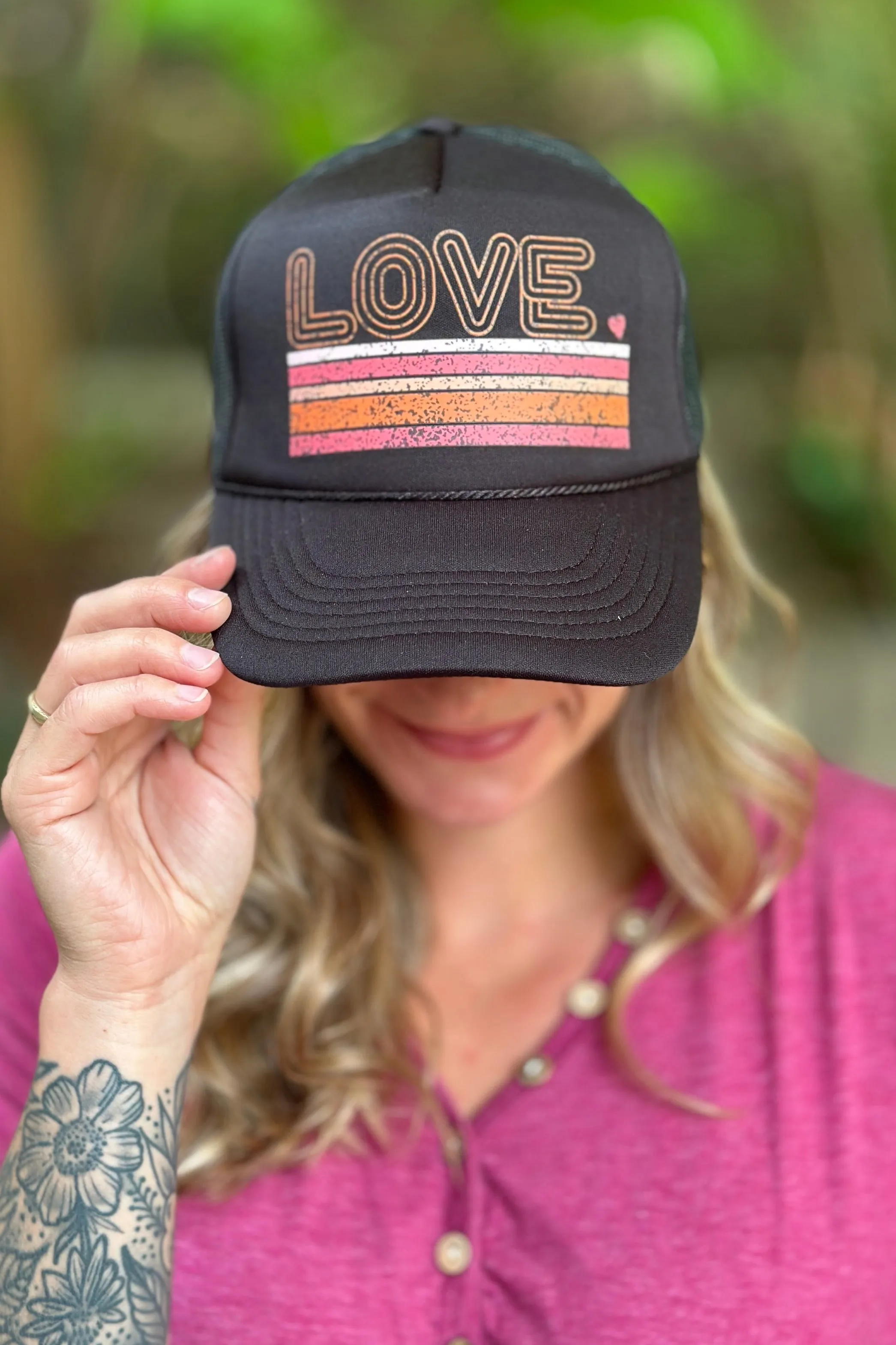 Love Striped Foam Trucker Hat Black