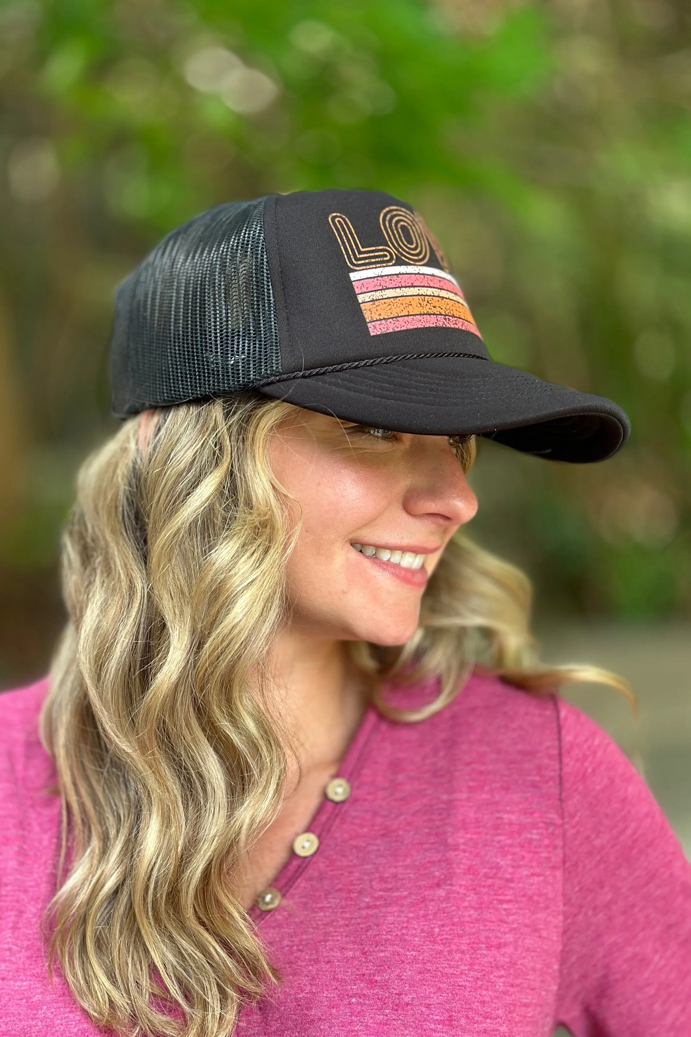 Love Striped Foam Trucker Hat Black