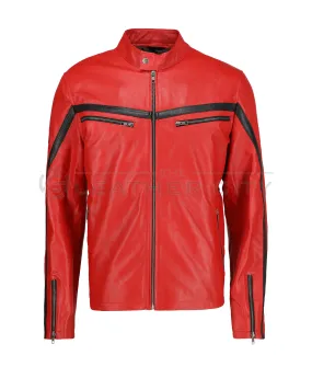 Men's Lorenzo Red Leather Jacket with Black Stripped on Chest | TLC