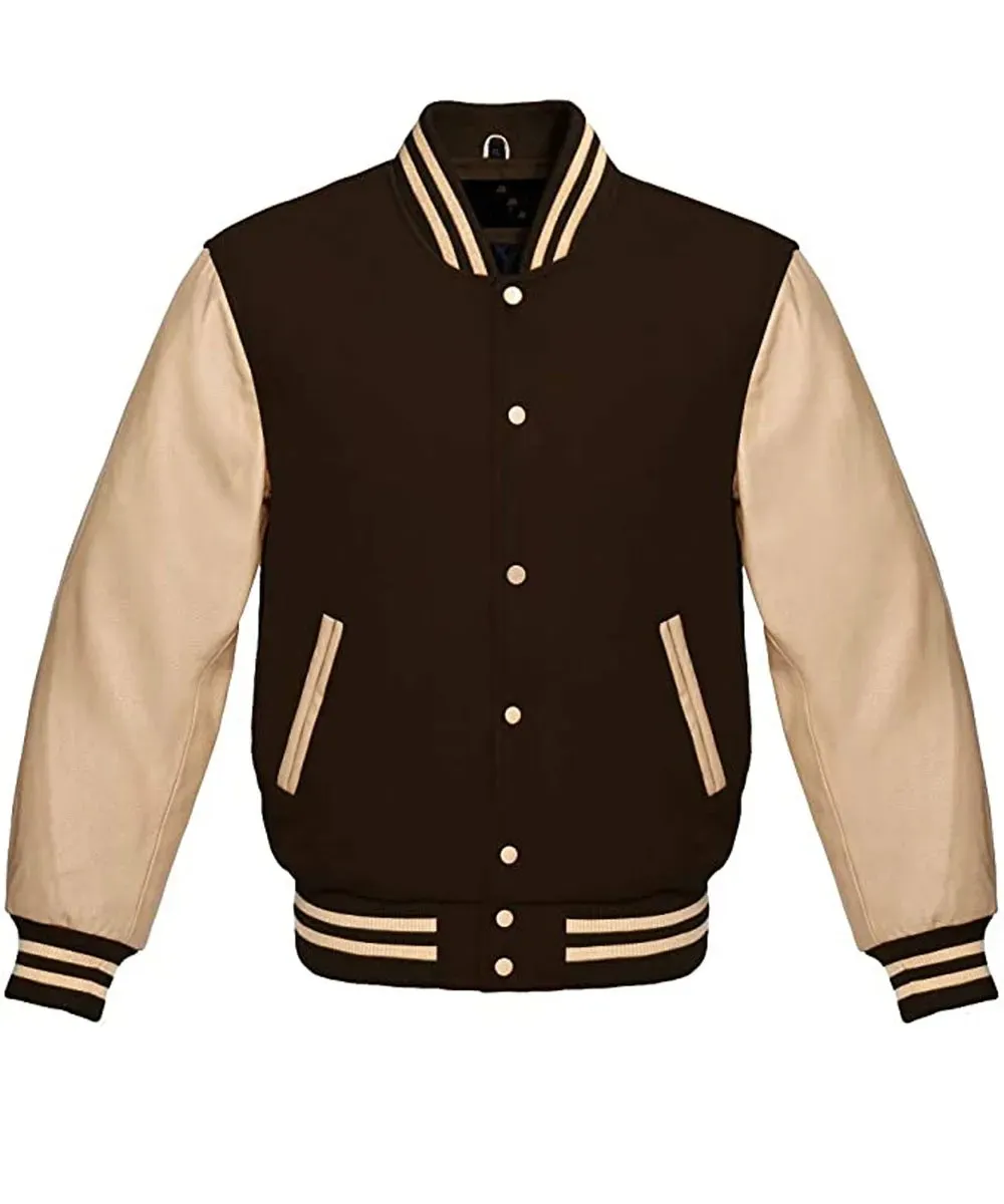 Men’s Varsity Brown Jacket with Cream Leather Sleeves