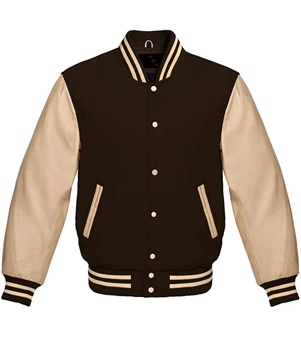 Men’s Varsity Brown Jacket with Cream Leather Sleeves