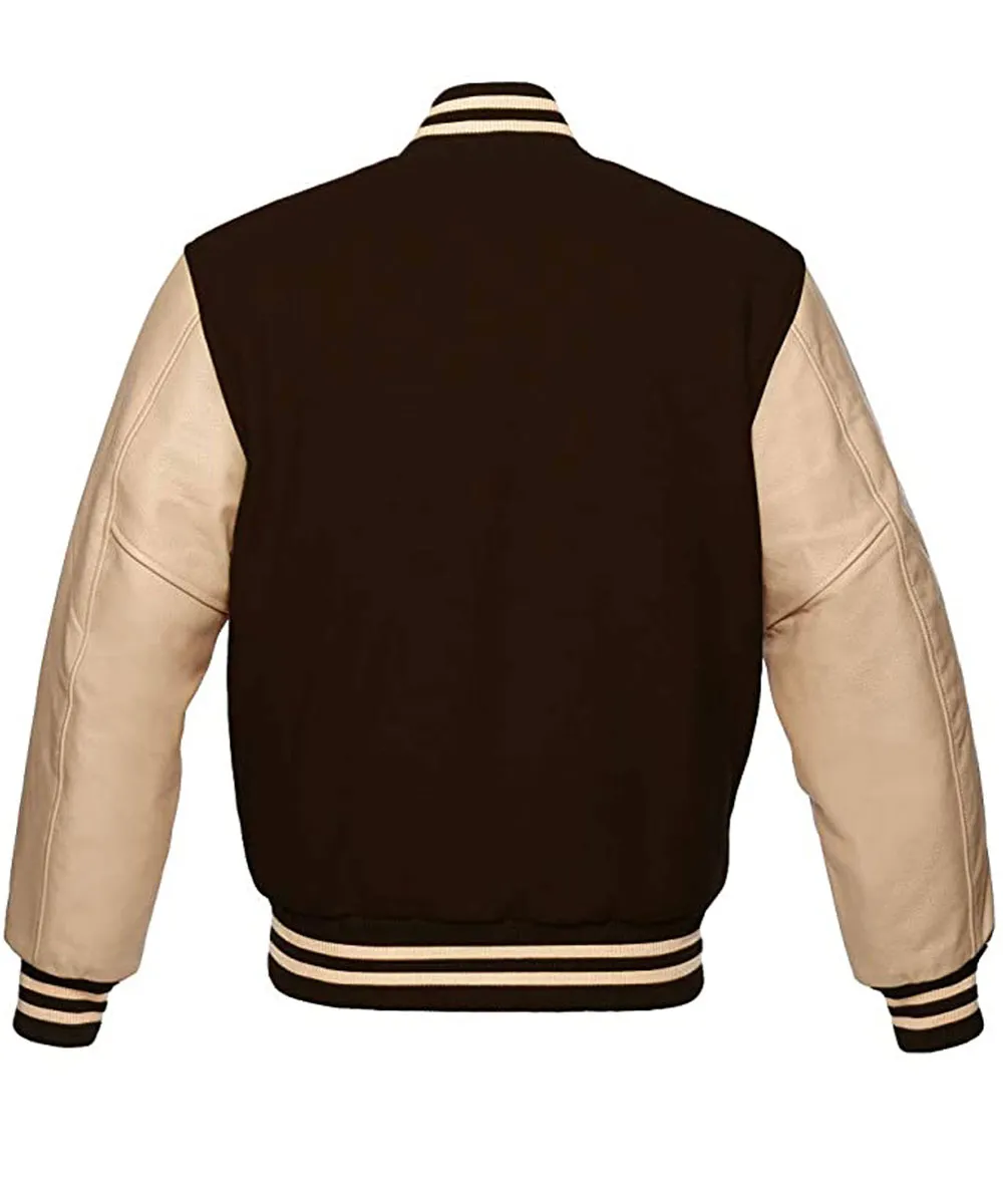 Men’s Varsity Brown Jacket with Cream Leather Sleeves