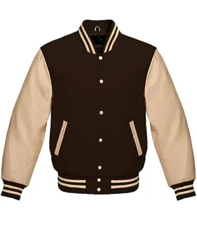 Men’s Varsity Brown Jacket with Cream Leather Sleeves