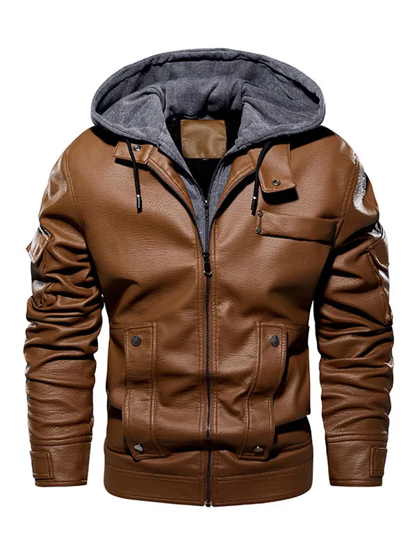 Men's Leather Jacket Comfy Layered Zipper Color Block Fashion Moto Spring Coffee Brown